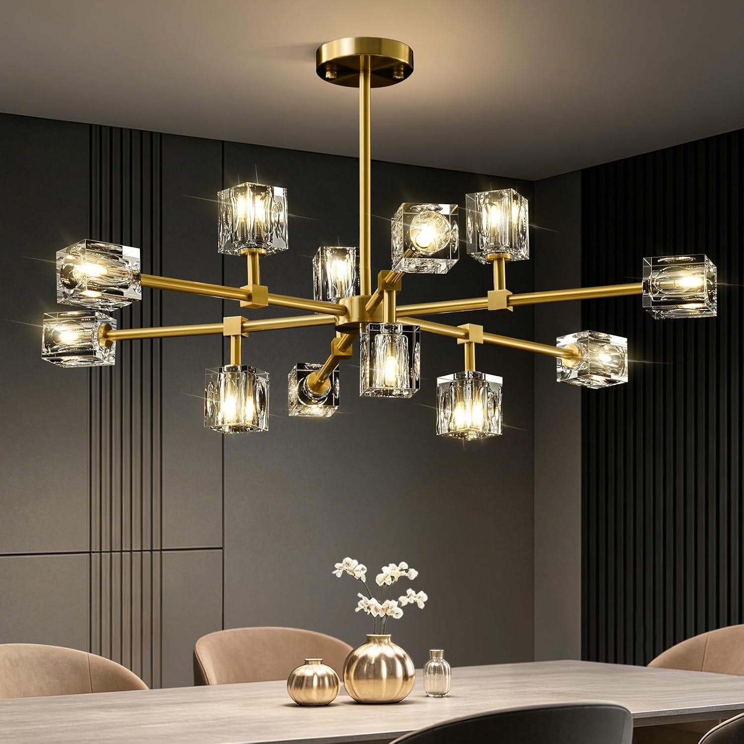 Modern Sputnik Crystal Brass Chandelier: Gold Dining Room Living Room Light