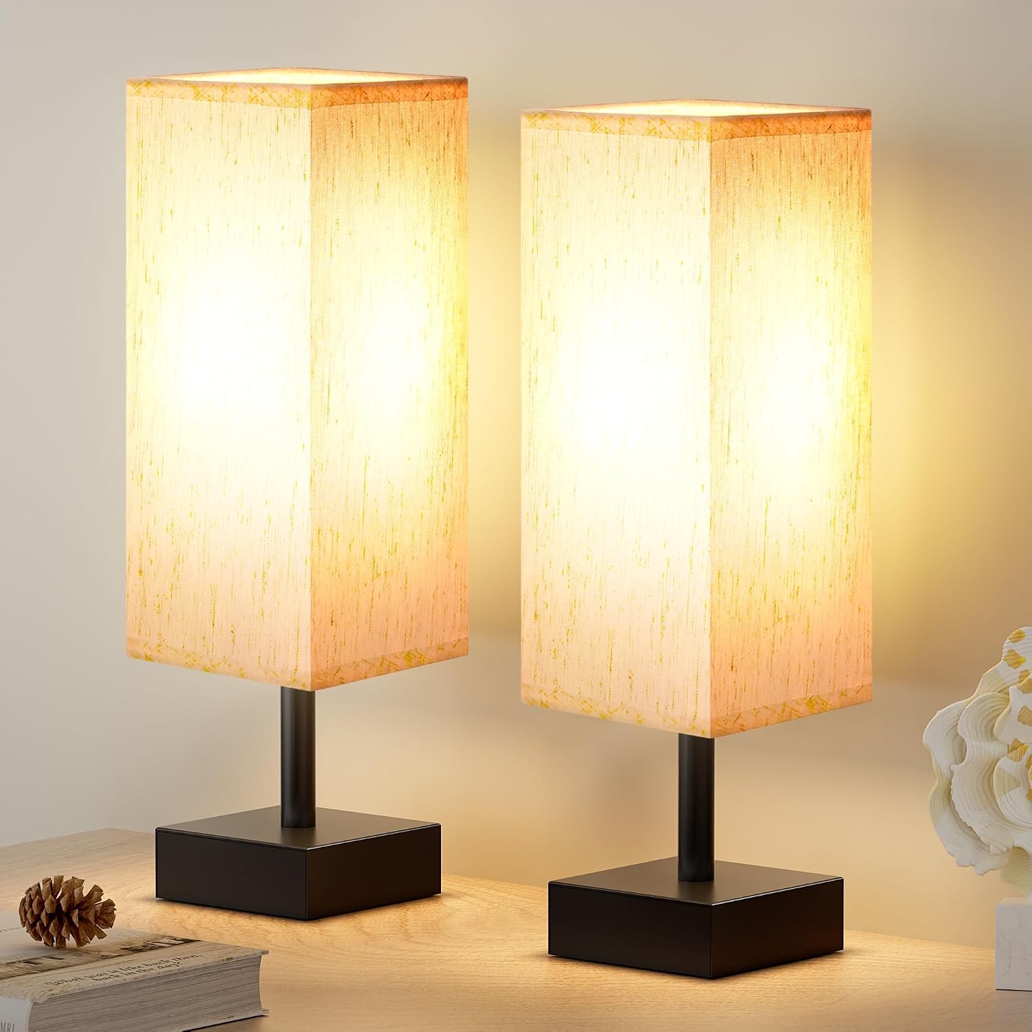 aooshine Small Bedside Lamps Set of 2 – Cream Fabric Shade Bedroom Lamps