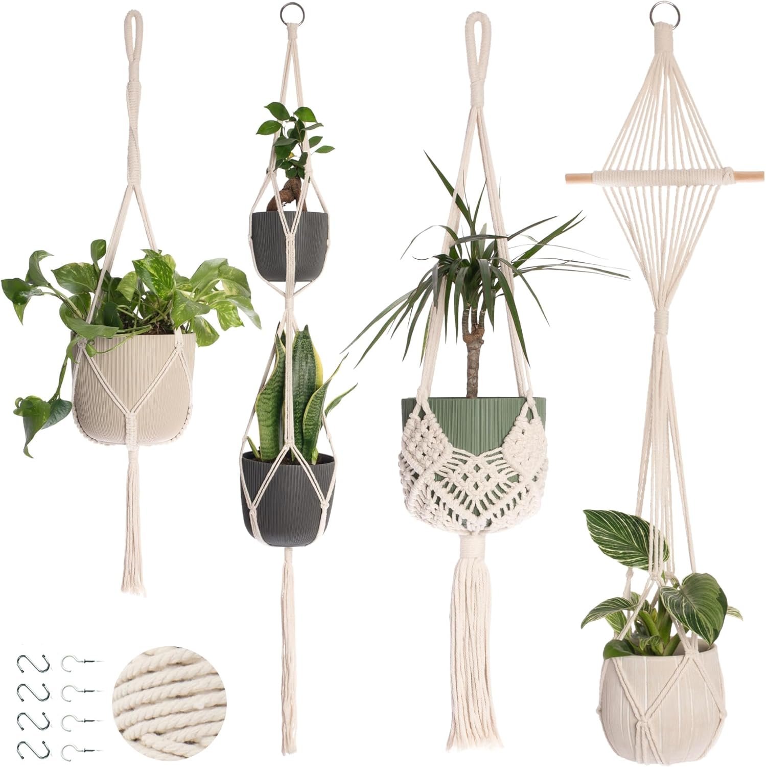 4-Pack Macrame Plant Hangers with 8 Hooks – Hanging Planters for Indoor Plants, Boho Macrame Hangers Indoor Outdoor, Decorative Plant Hanger Indoor (Cream)