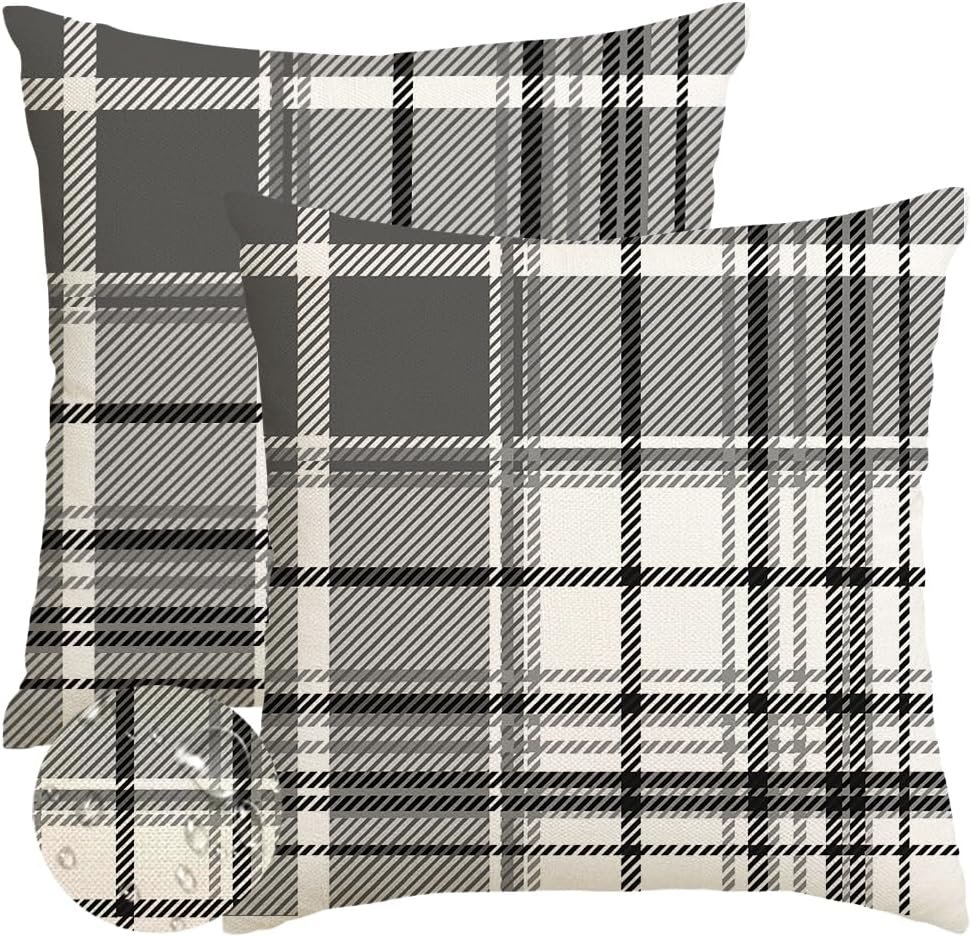 Pillow Covers 18×18 Inch Indoor Outdoor Waterproof Set of 2 Buffalo Plaid Striped Holiday Decorative Cushion Cases for Home Patio Decor Decorations Couch Gray