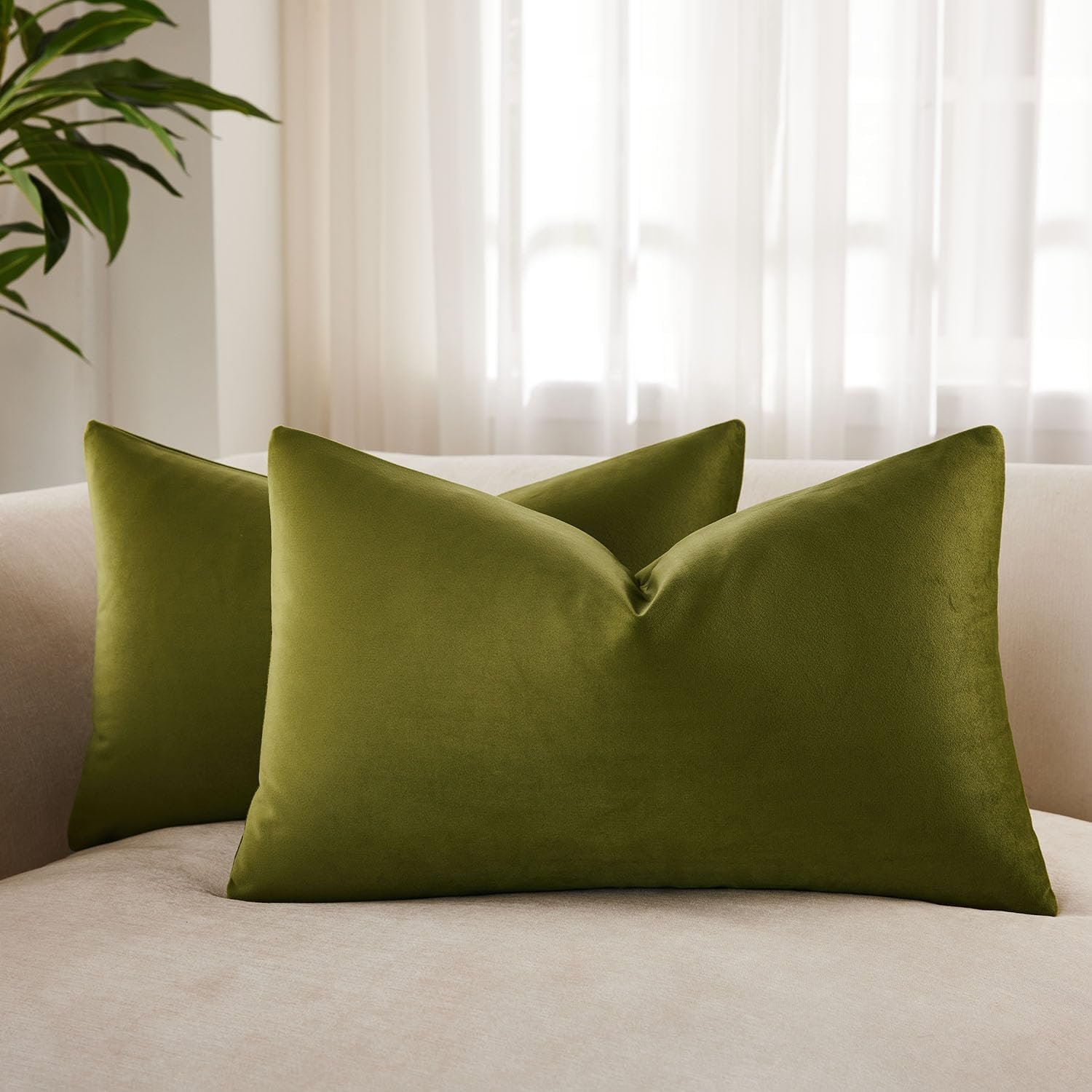 12×20 Lumbar Velvet Throw Pillow Covers Set of 2,Olive Green