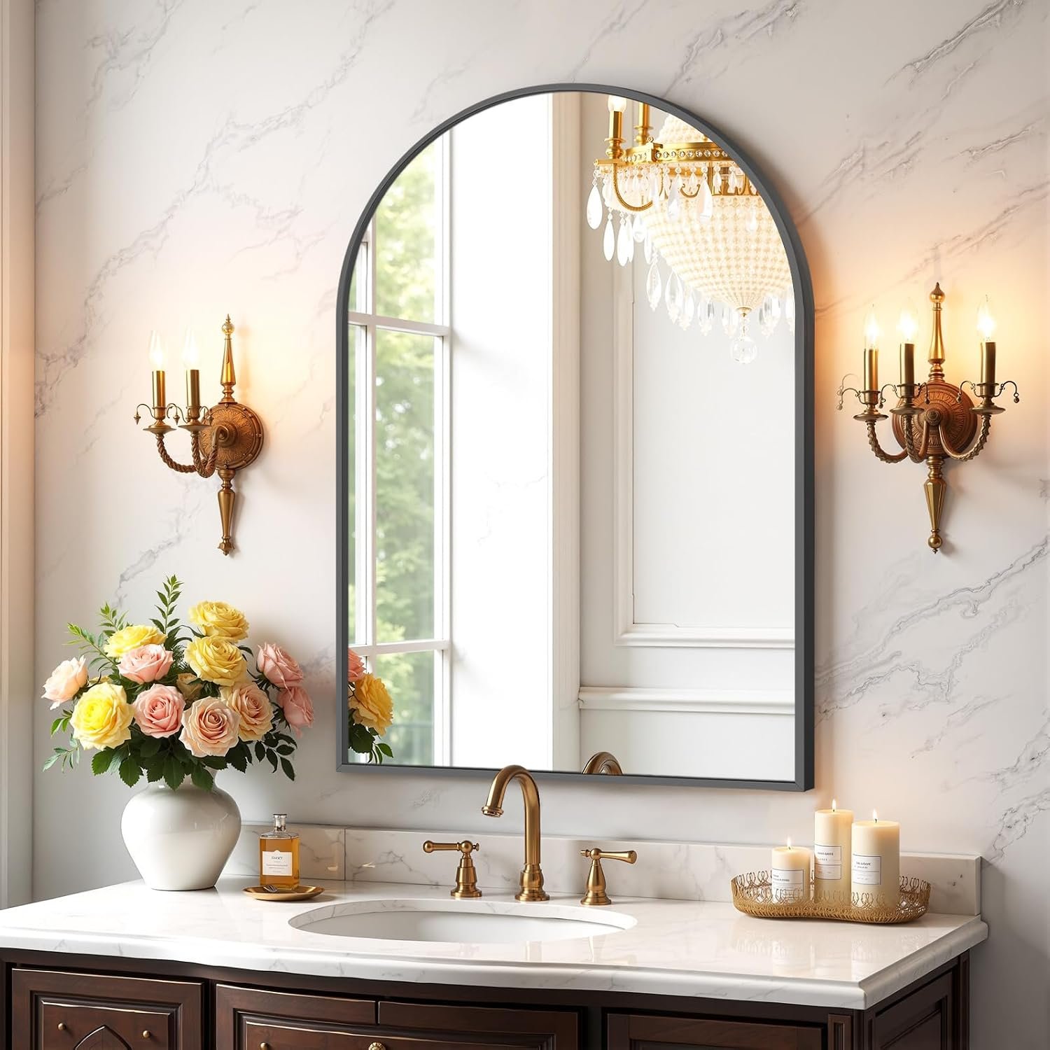 Bathroom Mirror for Wall, 30×20 Inch Arched Mirror, Matte Black Metal Framed Bathroom Vanity Mirrors for Restroom Farmhouse, Anti-Rust, Tempered Glass, Hanging or Leaning