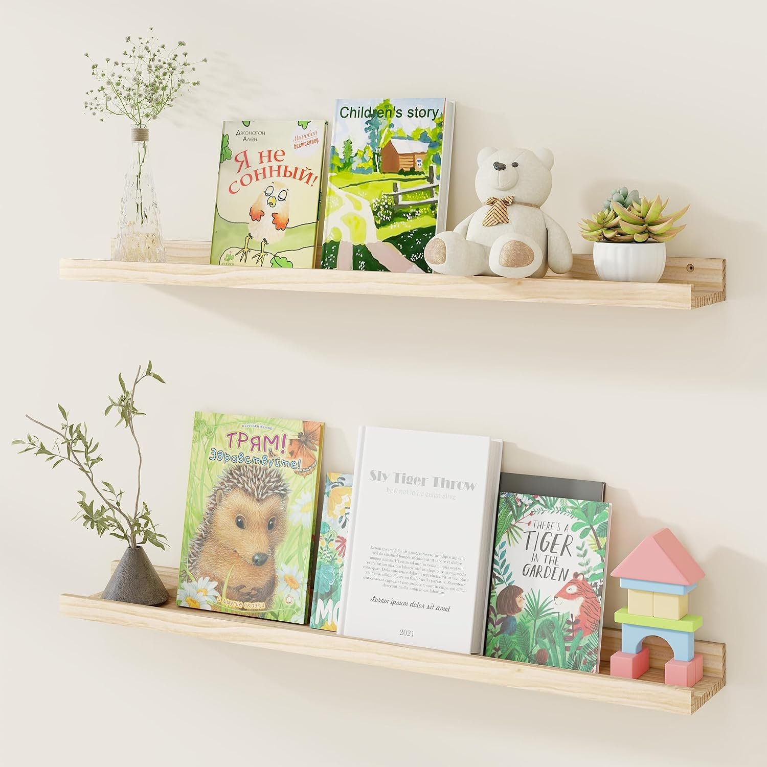 Picture Ledge Shelf, Pine Wood Floating Shelves Set of 2, 36 inch Nursery Book Shelves, Photo Ledge Book Shelves Wall Mounted for Living Room Kids’ Room Bedroom – Natural