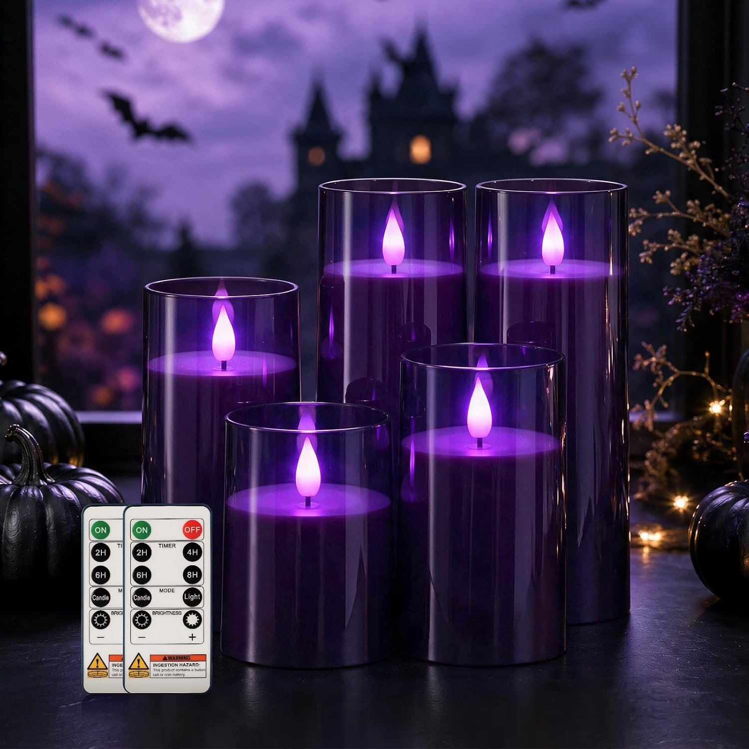 Homemory Dark Gray Flameless Candles, Purple Glow, Remote Timer, Set of 5