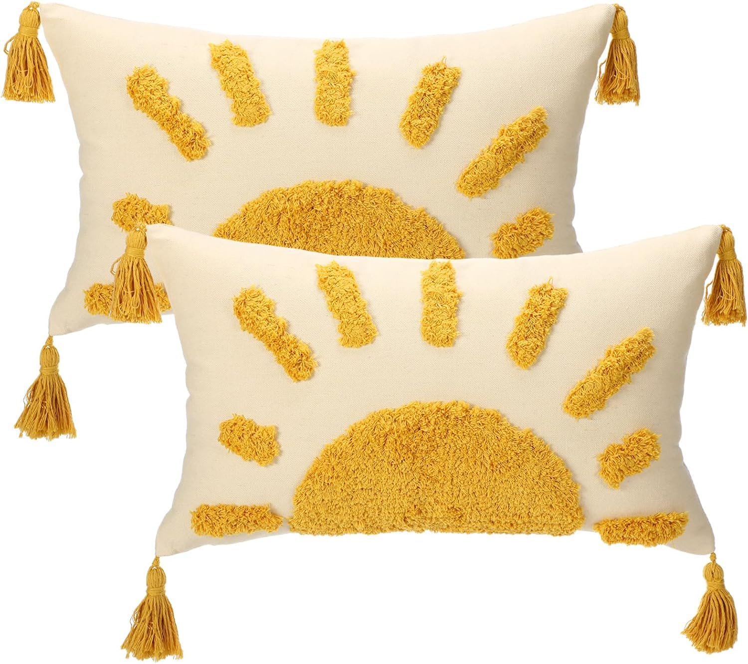2 Pcs Sun Lumbar Pillow Cover, 12×20 Inch Boho Tufted Velvet