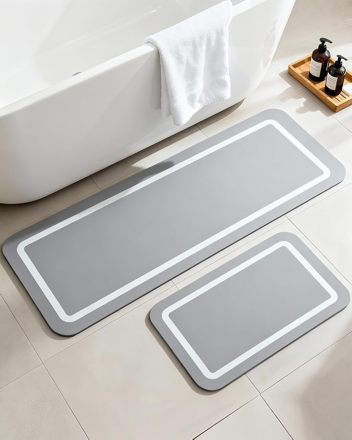 Soft Diatomaceous Earth Bath Mat, Quick Dry Bathroom Mats 2 Piece, Gray Super Absorbent Bath Mat Set, Washable Non Slip Bathroom Rugs, Stone Bath Mats Alternative, 15.74″ x 23.62″ Plus 15.74″ x 47.2″