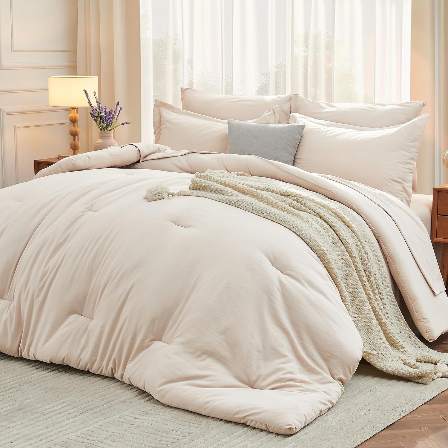 Queen Comforter Set 7 Pieces, Soft Bed in a Bag, Beige
