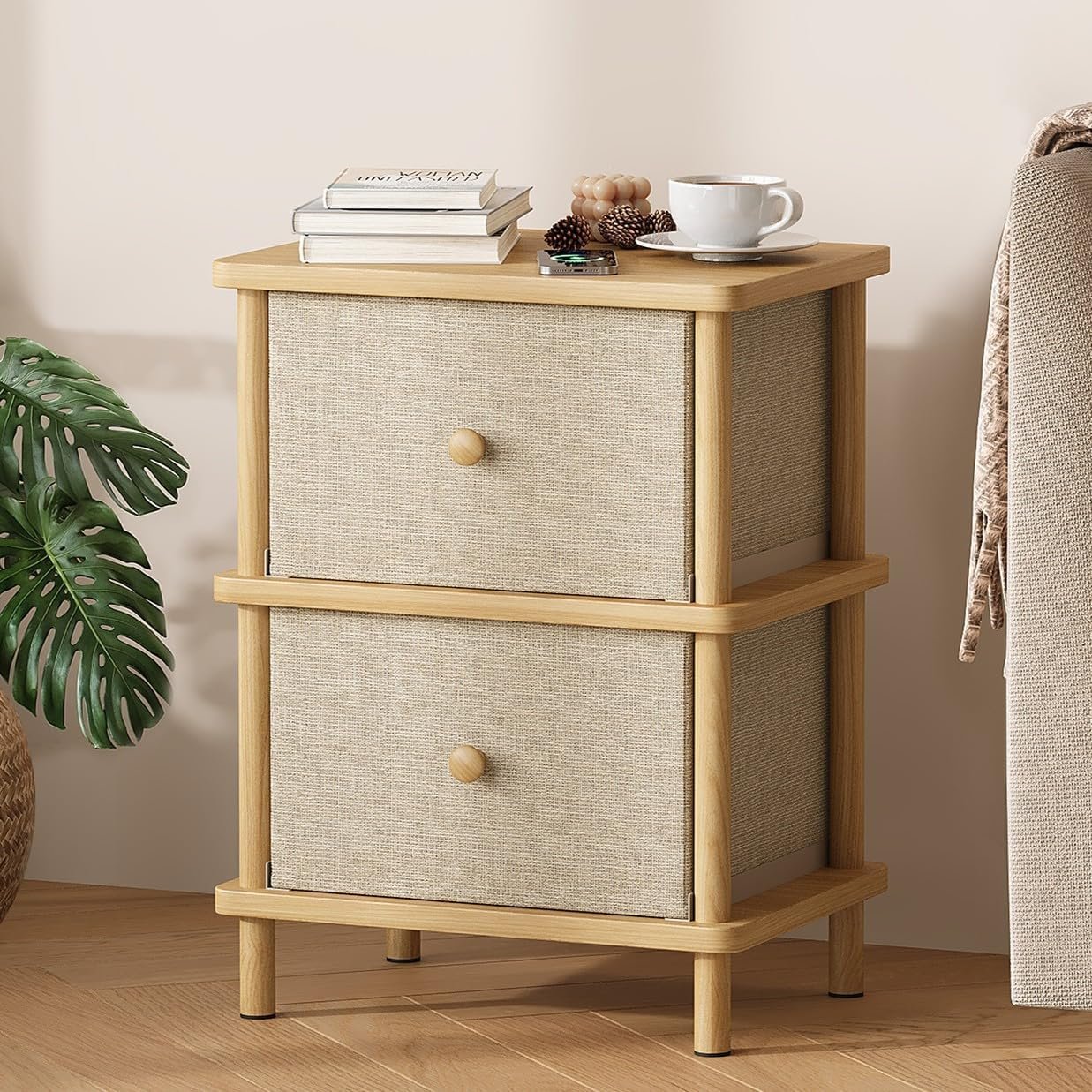 Apicizon Nightstand with 2 Drawers, Boho Side Table with Storage, Natural