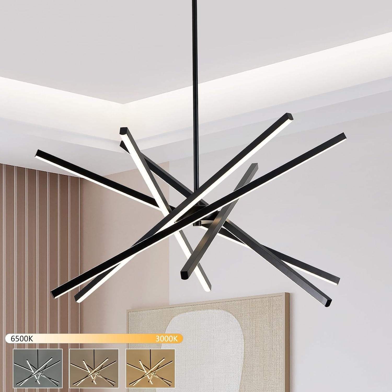 Modern Black Chandelier Light Fixtures – LED 6-Lights Dining Room Linear Chandeliers Sputnik Pendant Lights Fixture Over Table 3000K 4500K 6000K Dimmable for Kitchen Island Living Room
