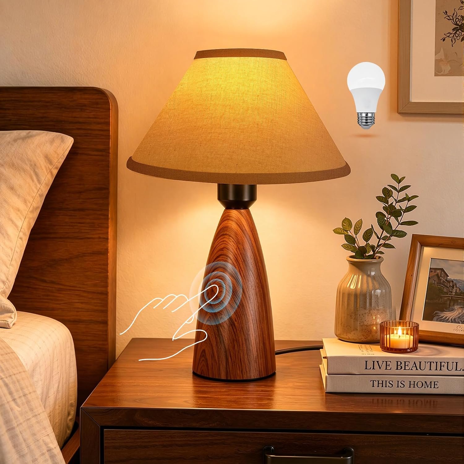 Nusogon Touch Table Lamp for Nightstand – 3-Way Dimmable Small Bedside Lamp