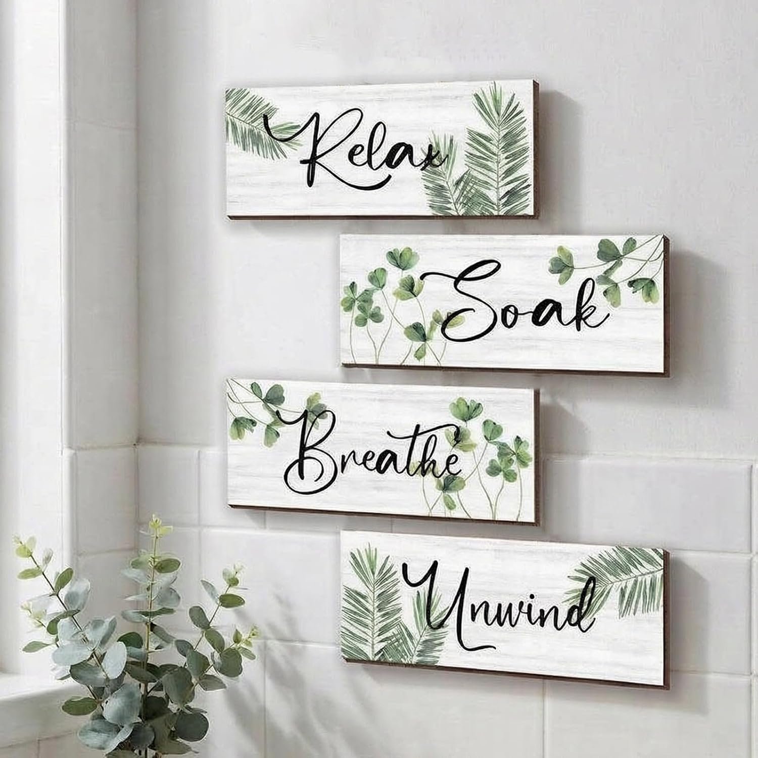 ONIZHITY 4 Pcs Farmhouse Bathroom Wall Decors Relax Soak Unwind Breathe Wooden Word Sign Green Hanging Wall Art Rustic Office Wall Decor for Bedroom Living Room Vintage Decorations(Green Leaves 10X4 Inch)
