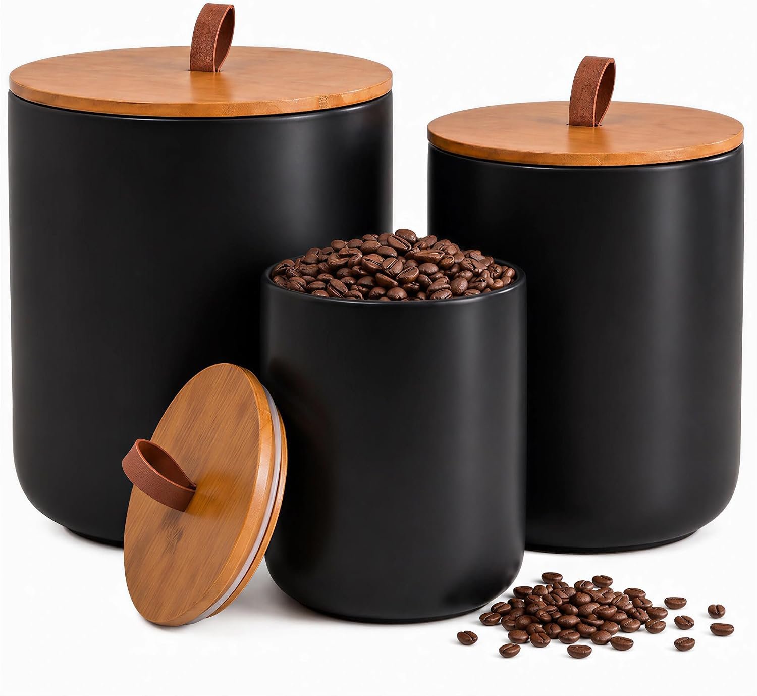 Black Ceramic Food Storage Canister Set (30 oz, 48 oz, 82 oz) with Bamboo Lids, 3-Piece Airtight Jars for Flour, Sugar, Coffee, Tea, Oats, Spice – Kitchen Storage Containers with Lids