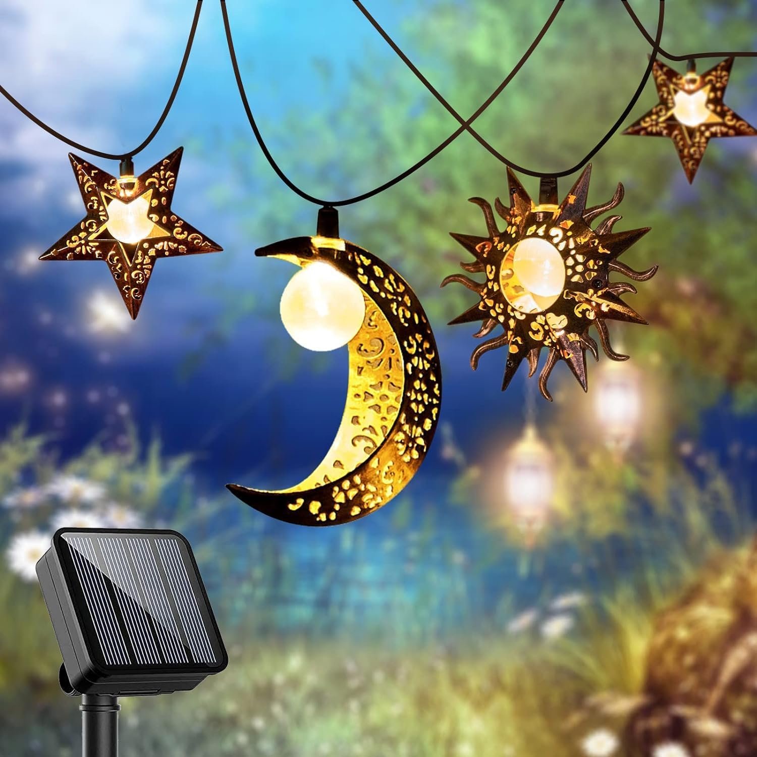 Beautyard Solar String Lights Outdoor Star Moon Sun 13Ft 153In Led Solar Powered Decorative Lights for Garden Patio Yard Party (Warm White) (Star Moon Sun String Lights)