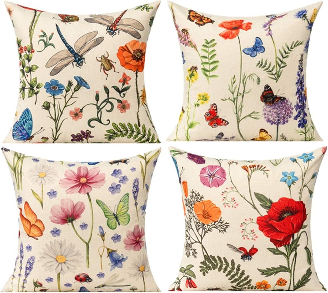 All Smiles Outdoor Patio Throw Pillow Covers 18×18 Set of 4 Spring Summer Garden Flowers Farmhouse Décor Outside Furniture Bench Chair Decorative Cushion Cases for Swing Deep Seat Bed Couch Sofa