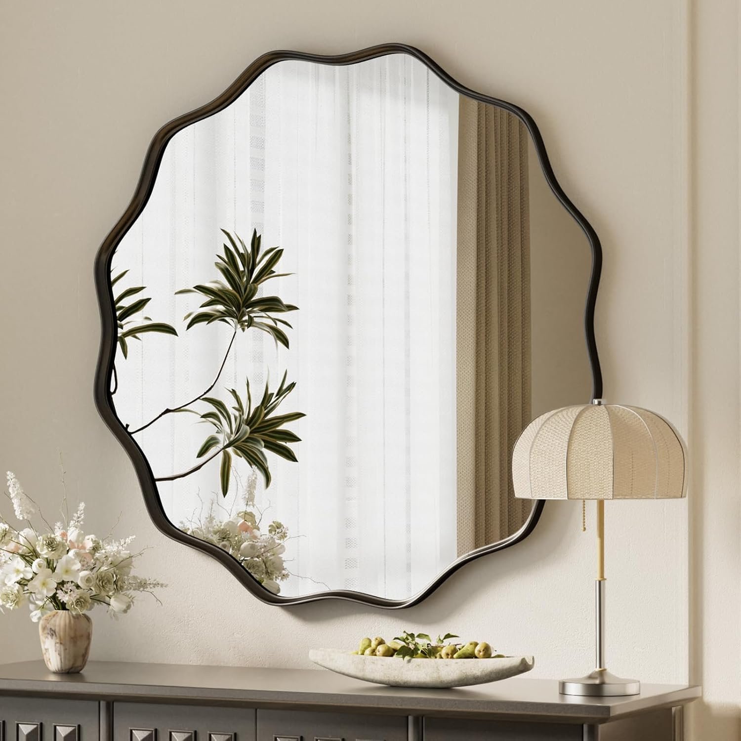 Black Scalloped Circle Mirror 30″ Wavy Edge Round Wall Mirror