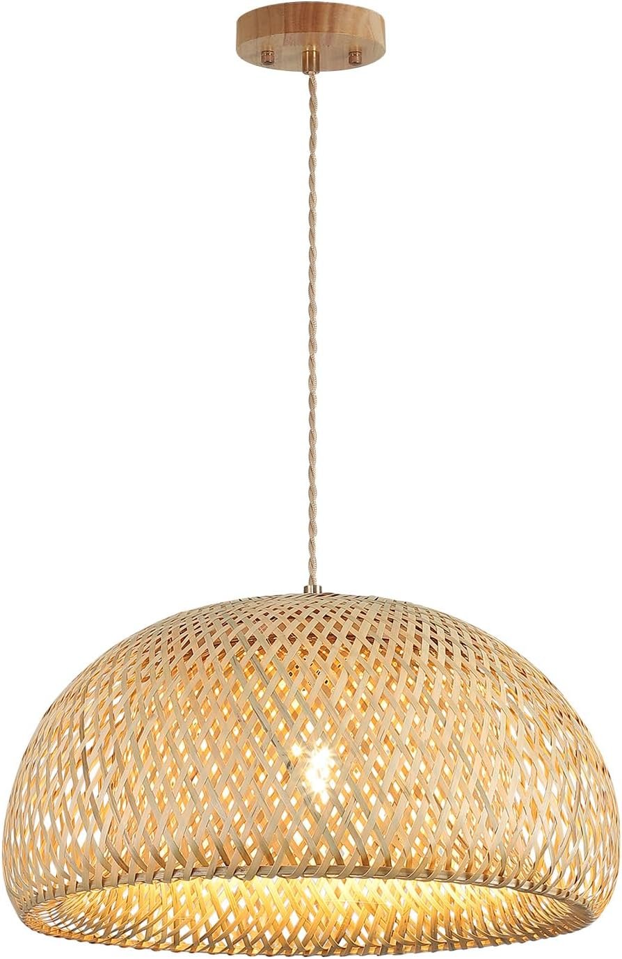 Bamboo Large Pendant Light Fixture 17.8 inch One-Light Adjustable Rustic Basket Handmade Woven Pendant Lighting for Kitchen Island Farmhouse Dining Room Living Room