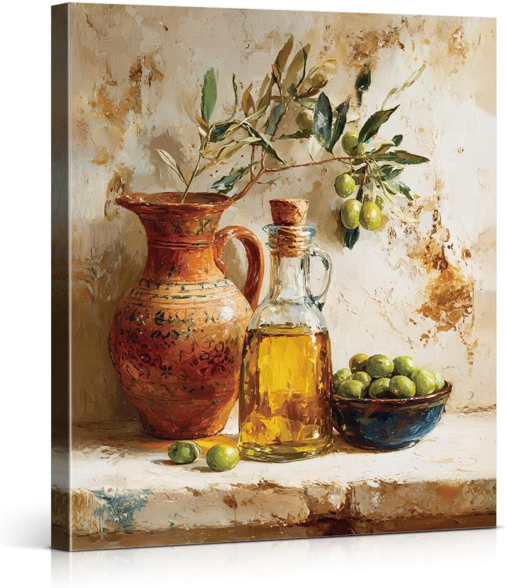 Vintage Olive Kitchen Wall Art Country Still Life Canvas Print Framed