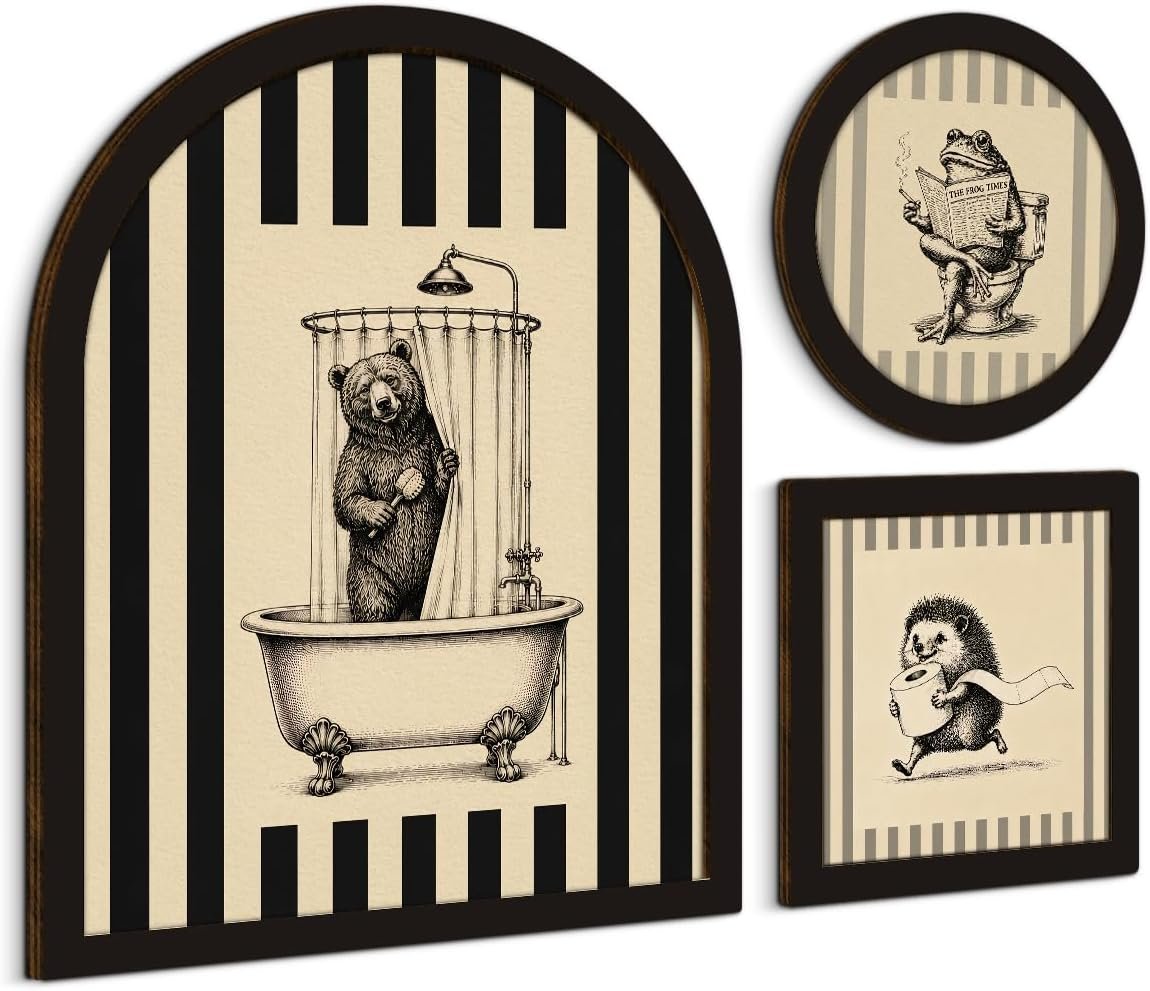 3 Pcs Funny Bathroom Animal Wall Art Sign, Framed Vintage Wall Decor