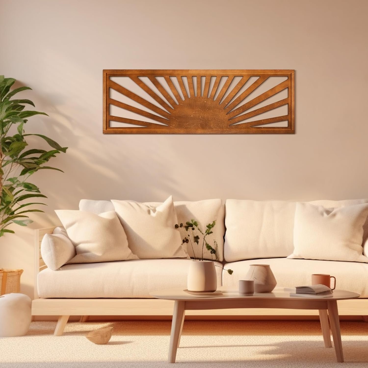 Burbell Horizontal Sun Wall Art, Boho Wooden Room Decor, 35″x12″ Dark Brown