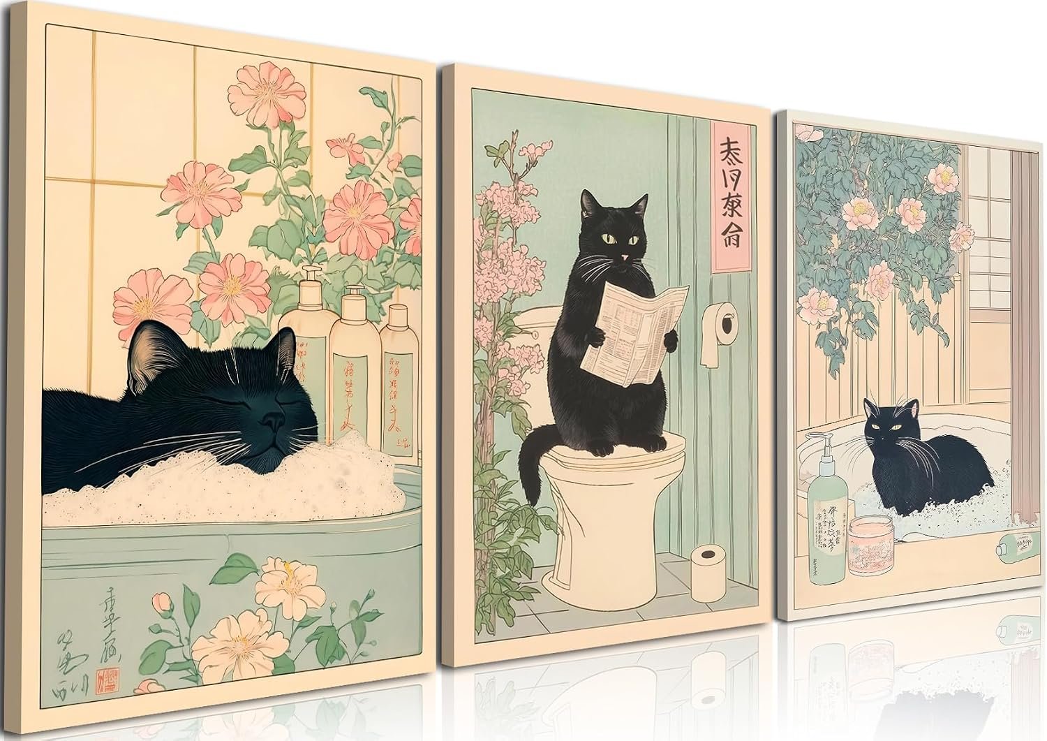 Funny Bathroom Wall Art Set of 3, Japanese Cute Black Cat Wall Decor Paintings, Rustic Animal Pictures Canvas Prints Home Decor for Bathroom Toilet, 12×16 inch Framed