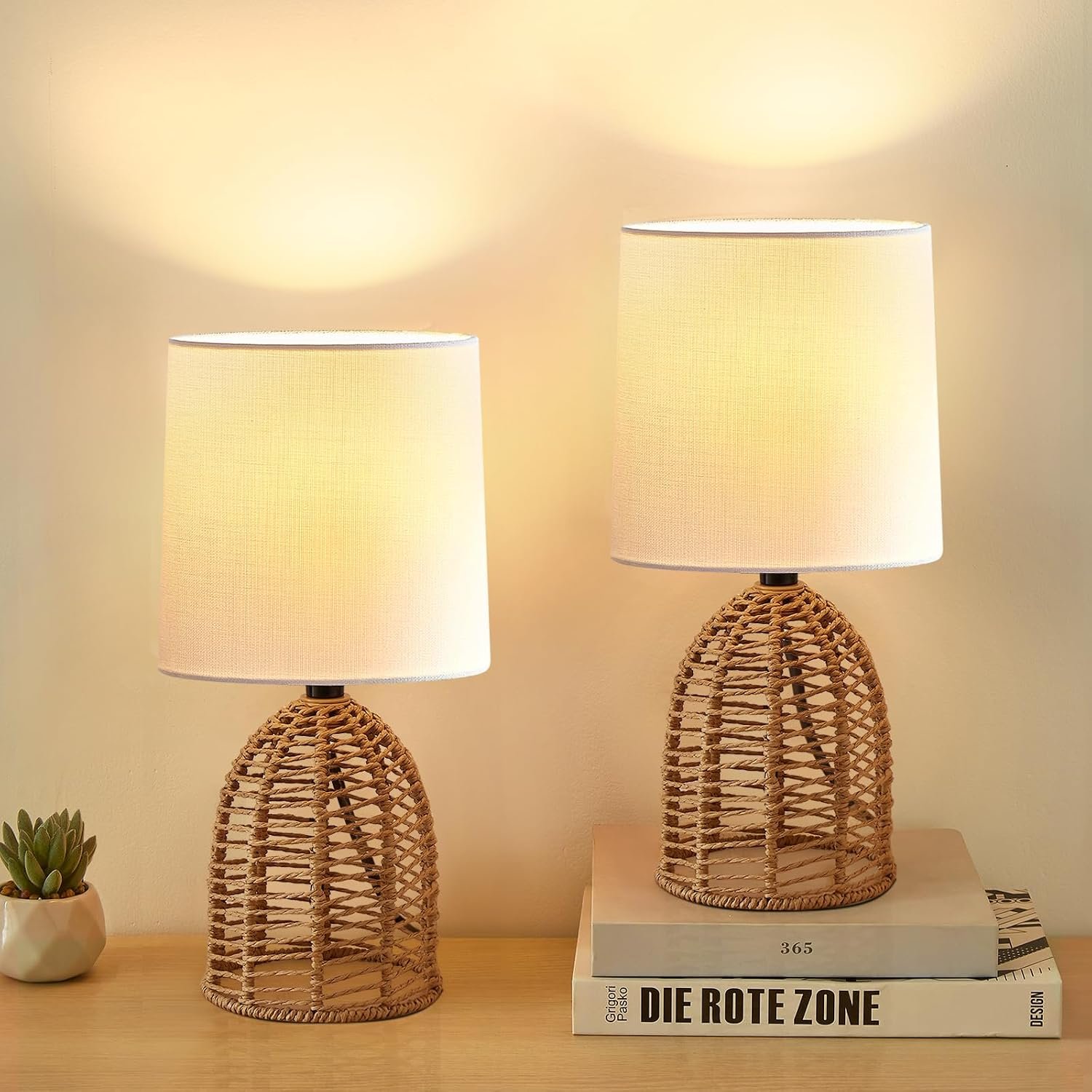 EJIAXIN Rattan Lamp Boho Lamps Set of 2-13.75″ Mini Farmhouse Table Lamp Rustic End Table Decorative Small Lamps for Small Spaces Bedroom Nightstand Living Room Reading Desk Side Table Lamp