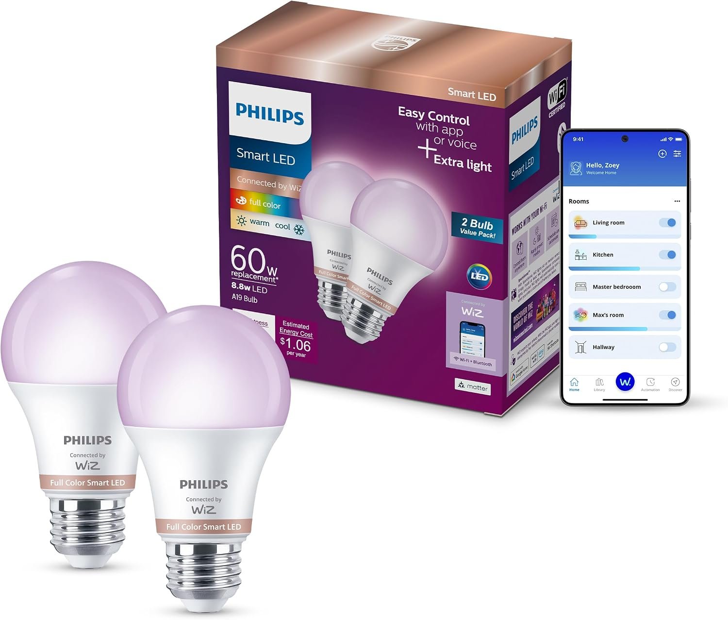 PHILIPS Smart Lighting Connected Light Bulbs, 2-Pack, Color A19 60W 800LM E26 Indoor LED Lights, Smart Bulbs with Motion Detection, Control with Voice or App