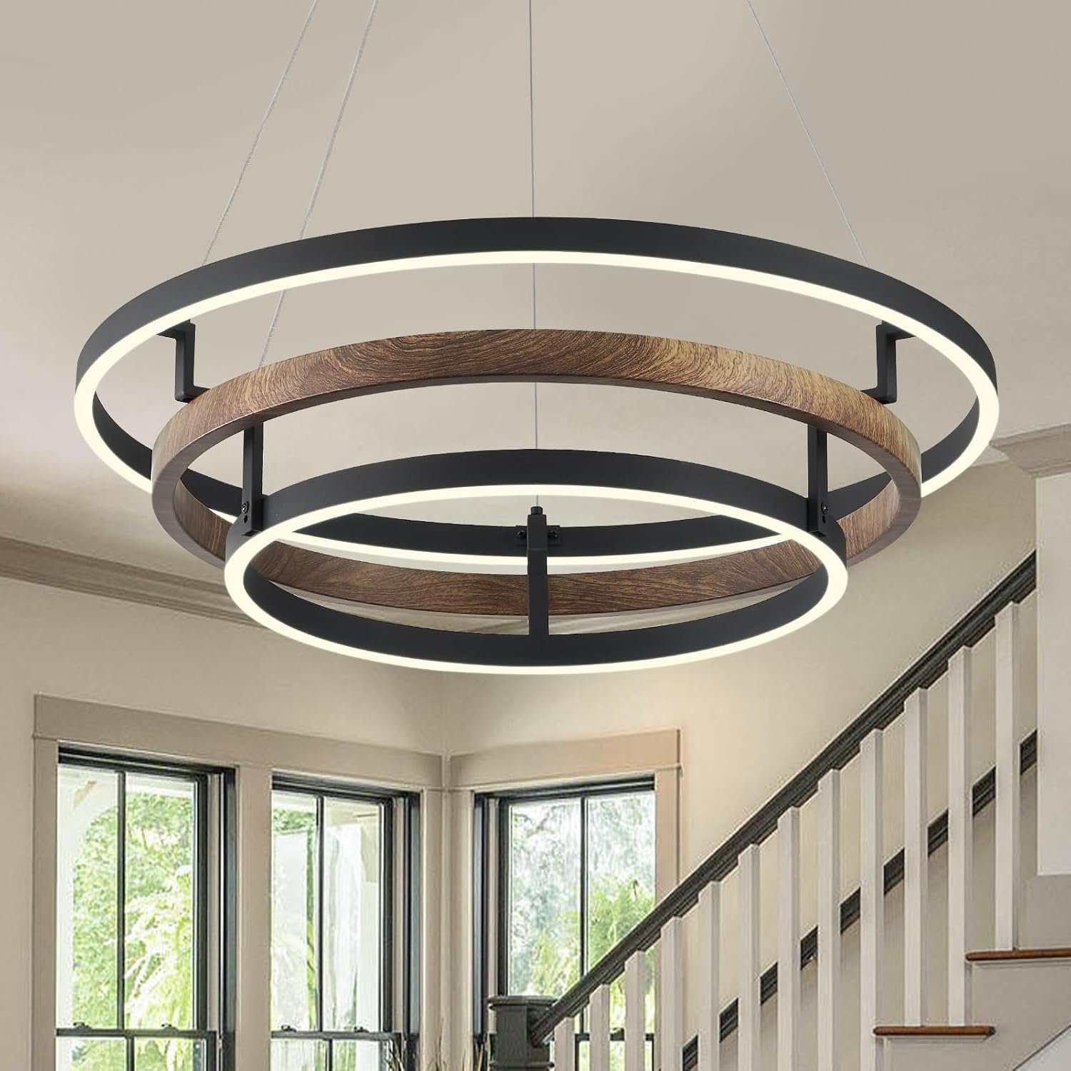 3 Ring LED Chandelier Modern Chandeliers Walnut Wood Black Dimmable 24”