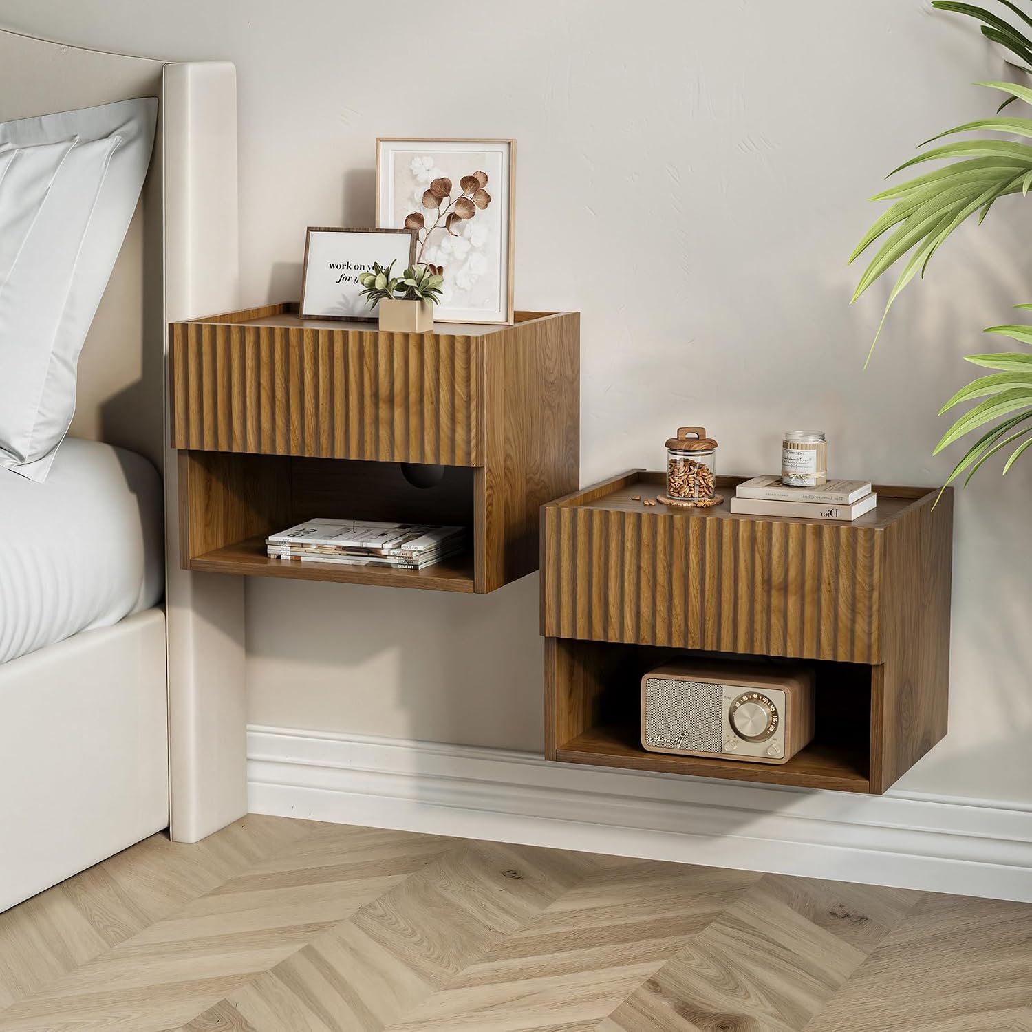 Floating Nightstand Bedroom Bedside Table – Floating Night Stand Set 2 for Small Spaces, Wall Mounted Cabinet with Storage Drawer, Brown Modern Night Stand for Dorm Hallway Entryway