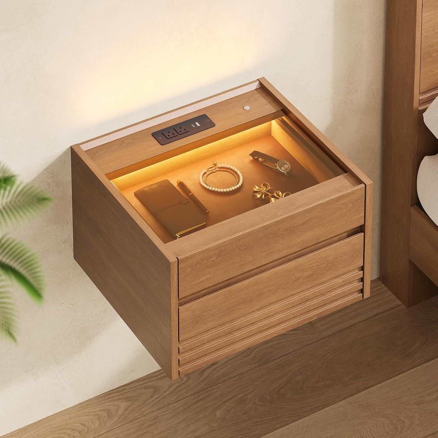 LED Floating Nightstand with Charging Station for Bedroom, Brown