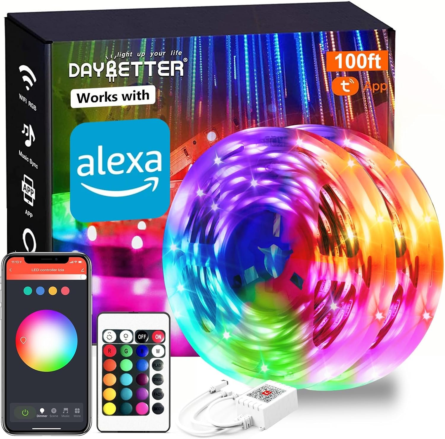 DAYBETTER Smart WiFi Led Lights 100ft, Tuya App Controlled Led Strip Lights, Work with Alexa and Google Assistant, Timer Schedule, Color Changing Led Lights for Bedroom Party Kitchen