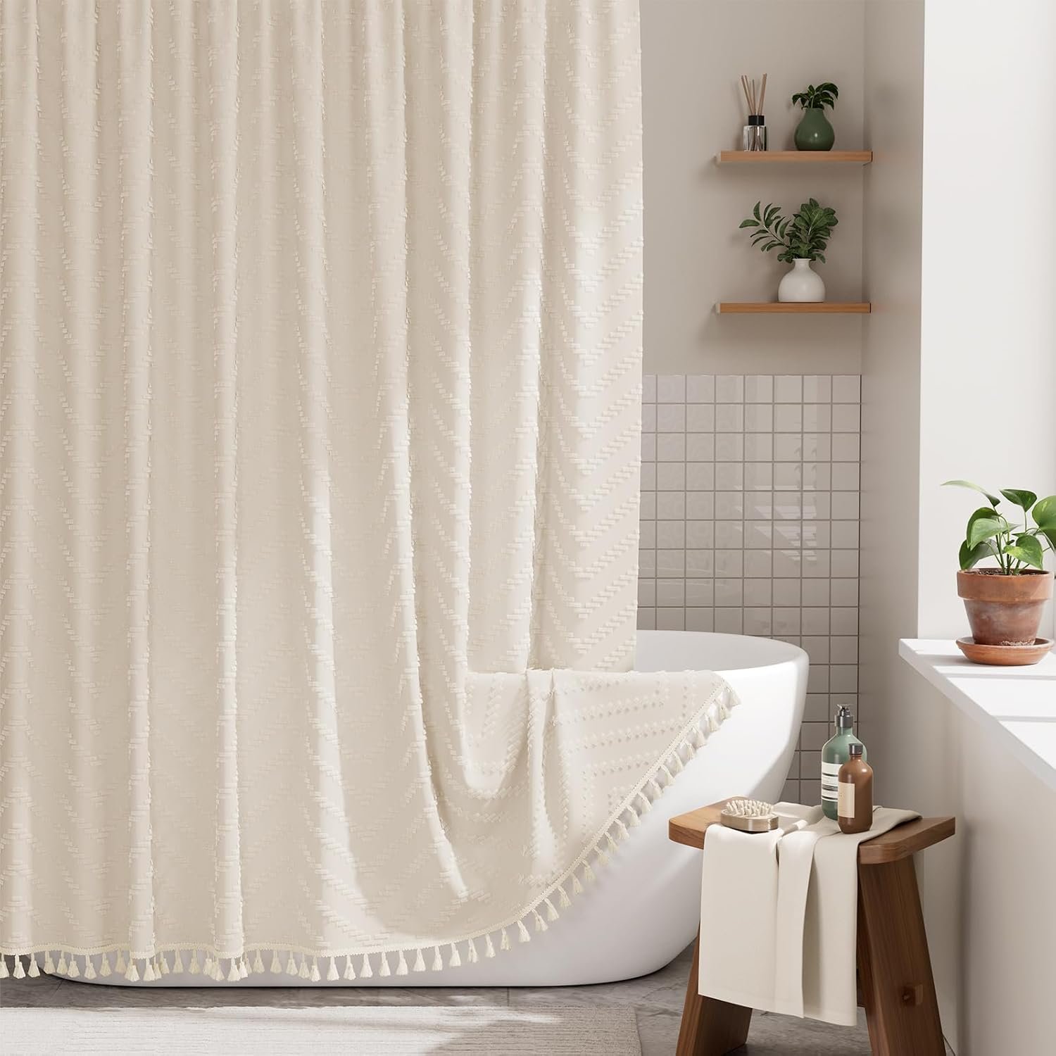 AmazerBath Boho Farmhouse Shower Curtain with Tassels, Beige Shower Curtain Set Fabric, Soft Cloth Chevron Rustic Shower Curtain with Hooks, Hotel Quality, 72×72 Inches