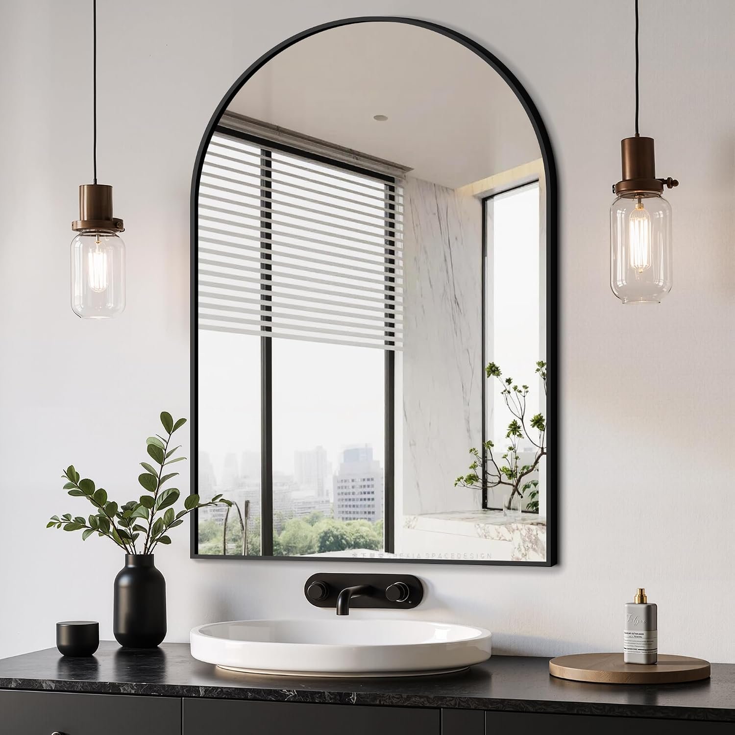 Arched Bathroom Mirror, 24″x36″, Black