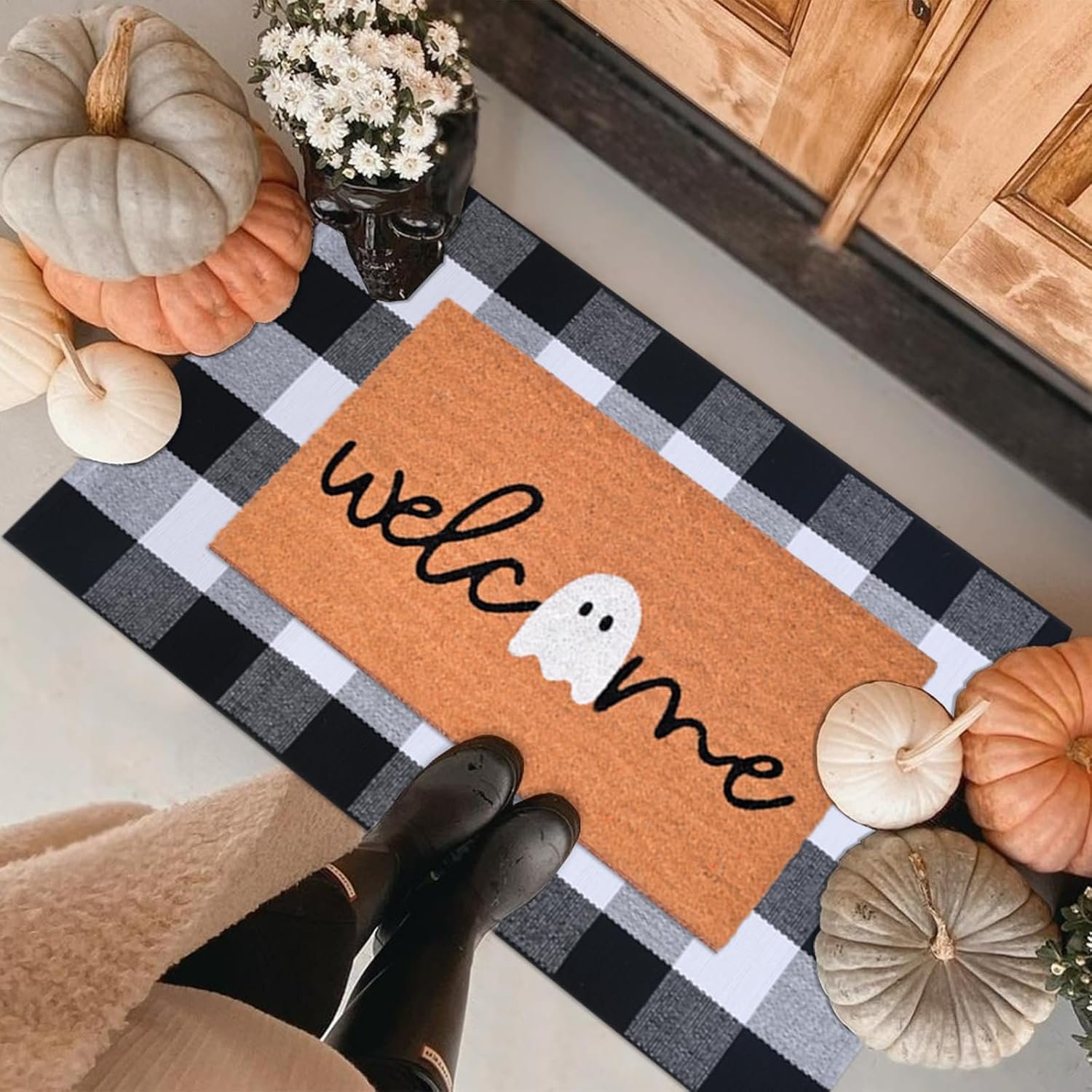 Halloween Door Mat Combo Set, Welcome Ghost Coco Coir Welcome Doormat + 28″ x 43″ Black and White Plaid Rug, Autumn Halloween Front Porch Entryway Decor Floor Mat