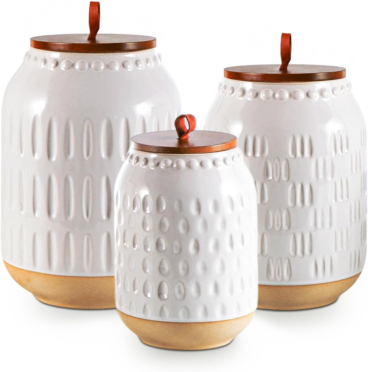 Ceramic Canister Set, 3-Piece White Jars with Bamboo Lids