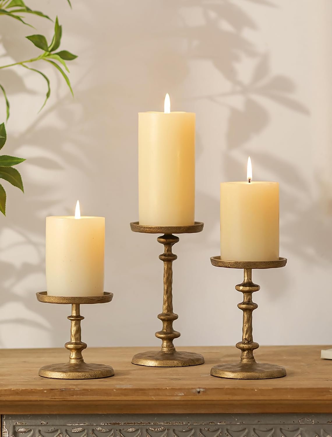 NUPTIO Pillar Candle Holder Gold: Antique Brass Cast Iron Candle Stand
