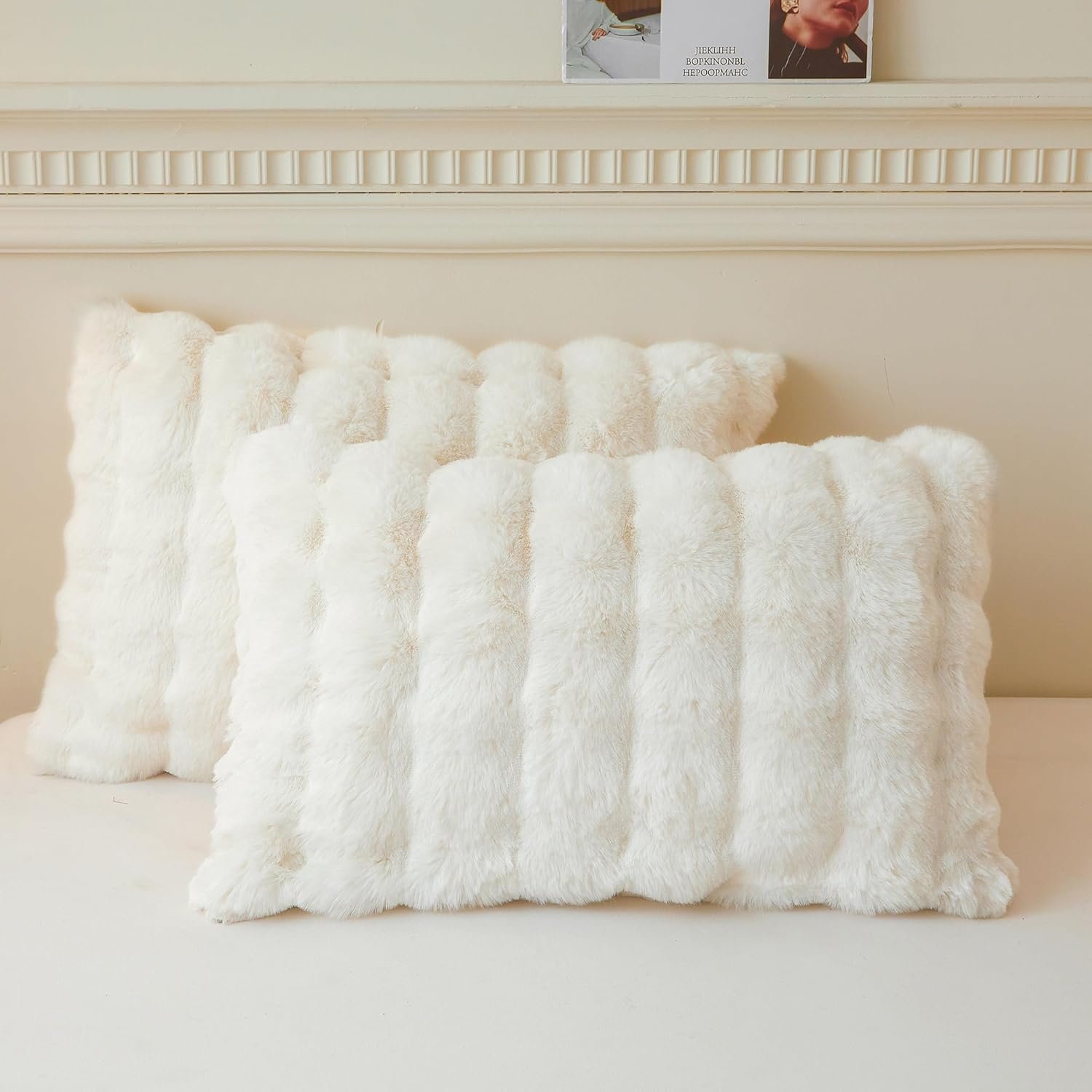 LIFEREVO Fluffy Faux Rabbit Fur King Pillow Cases Set of 2, Beige