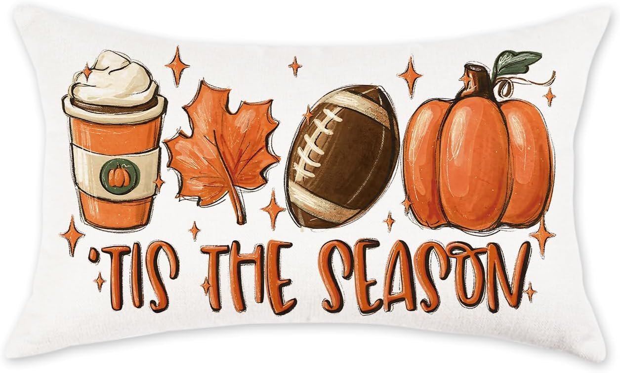 TAJWE Fall Pillow Cover 12×20 Tis The Season Football Pumpkin Autumn Decor