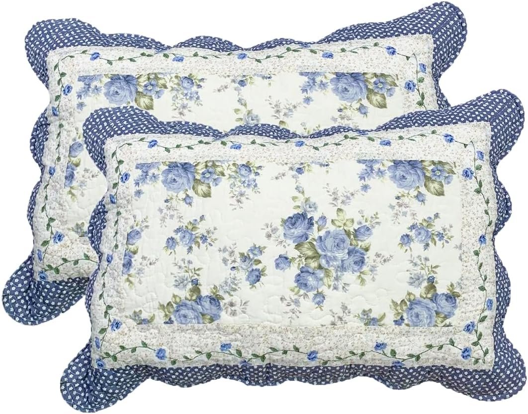 vctops 2-Piece Boho Cotton Quilted Bed Pillow Shams Floral Printed Patchwork Pillow Shams Set, Standard Size (510 Blue, 20″x28″)