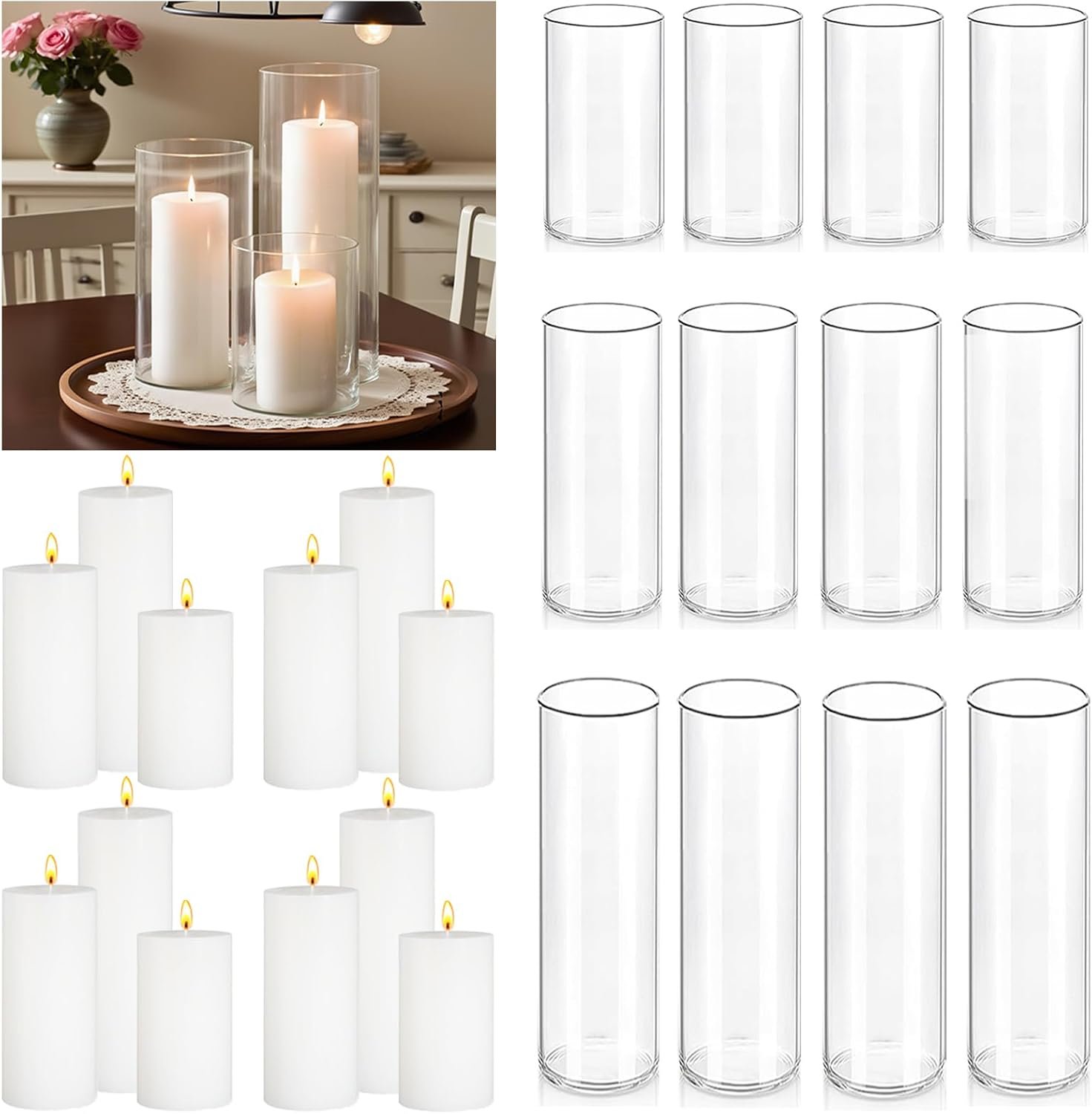 24 Pcs White Pillar Candles with Glass Candle Holder Hurricane Glass Candle Holders Clear Cylinder Vases for Centerpieces Wedding Office Party Home Table Decor