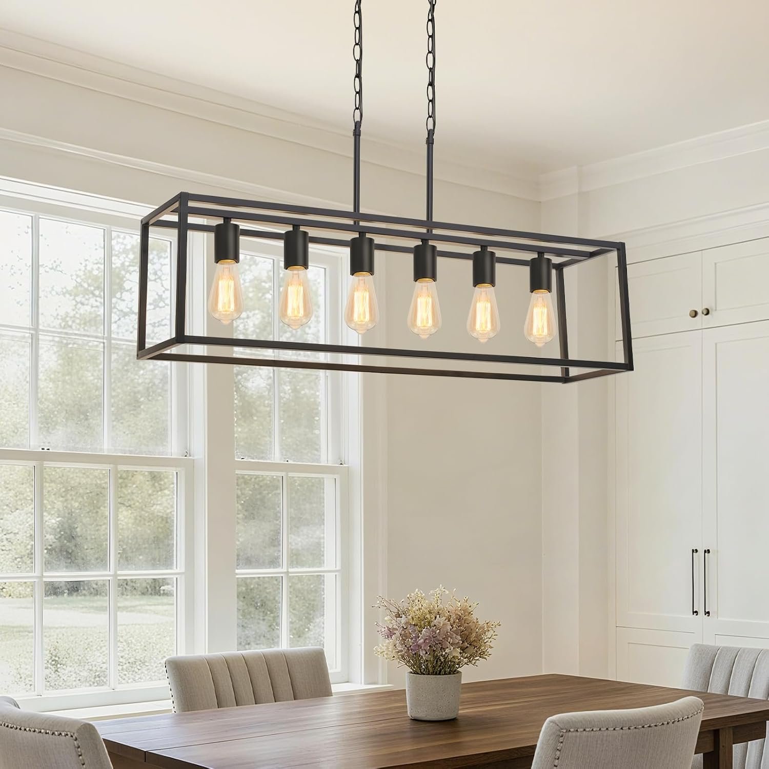 6 Light Black Chandeliers for Dining Room, Adjustable Height Linear Chandelier Kitchen Light Fixture, Modern Farmhouse Chandelier Rectangle Island Light for Kitchen Hanging Light Fixtures