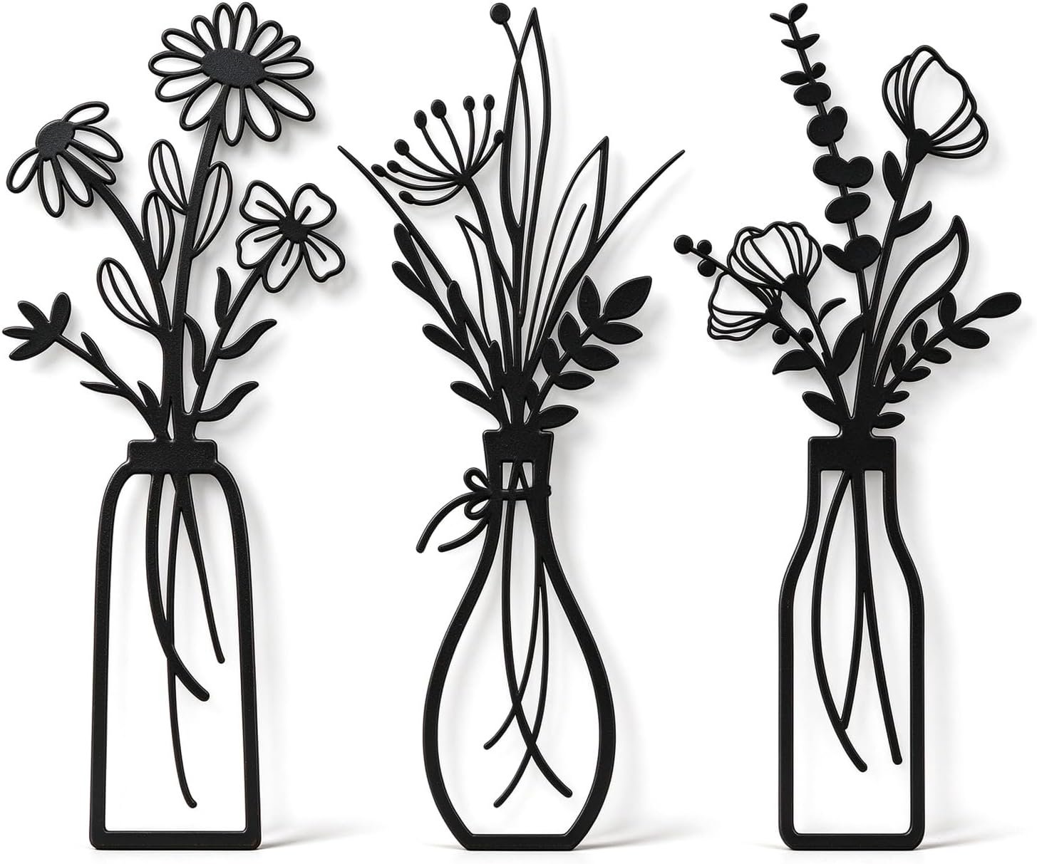 Pigort 3 Pieces Metal Flowers Wall Arts – Rustic Farmhouse Decor Black Minimalist Flower Wall Decors for Living room Bathroom Bedroom Dining Room – Housewarming Gifts(Black, Vase-C)