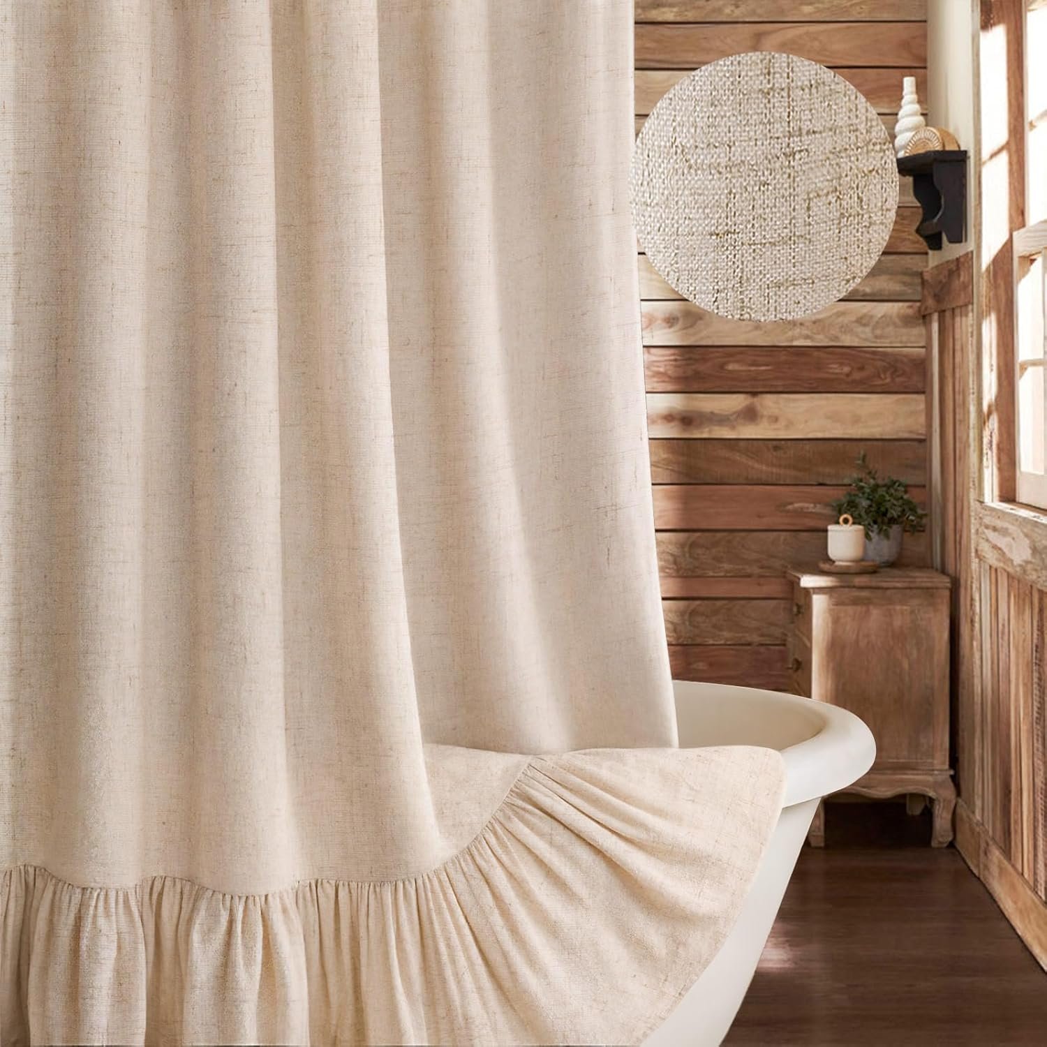 Farmhouse Shower Curtain Ruffle Linen Beige 72″ W x 72″ L