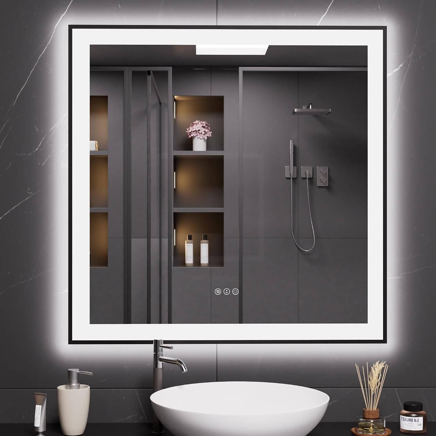 LOAAO 36″X36″ LED Bathroom Mirror Black Framed