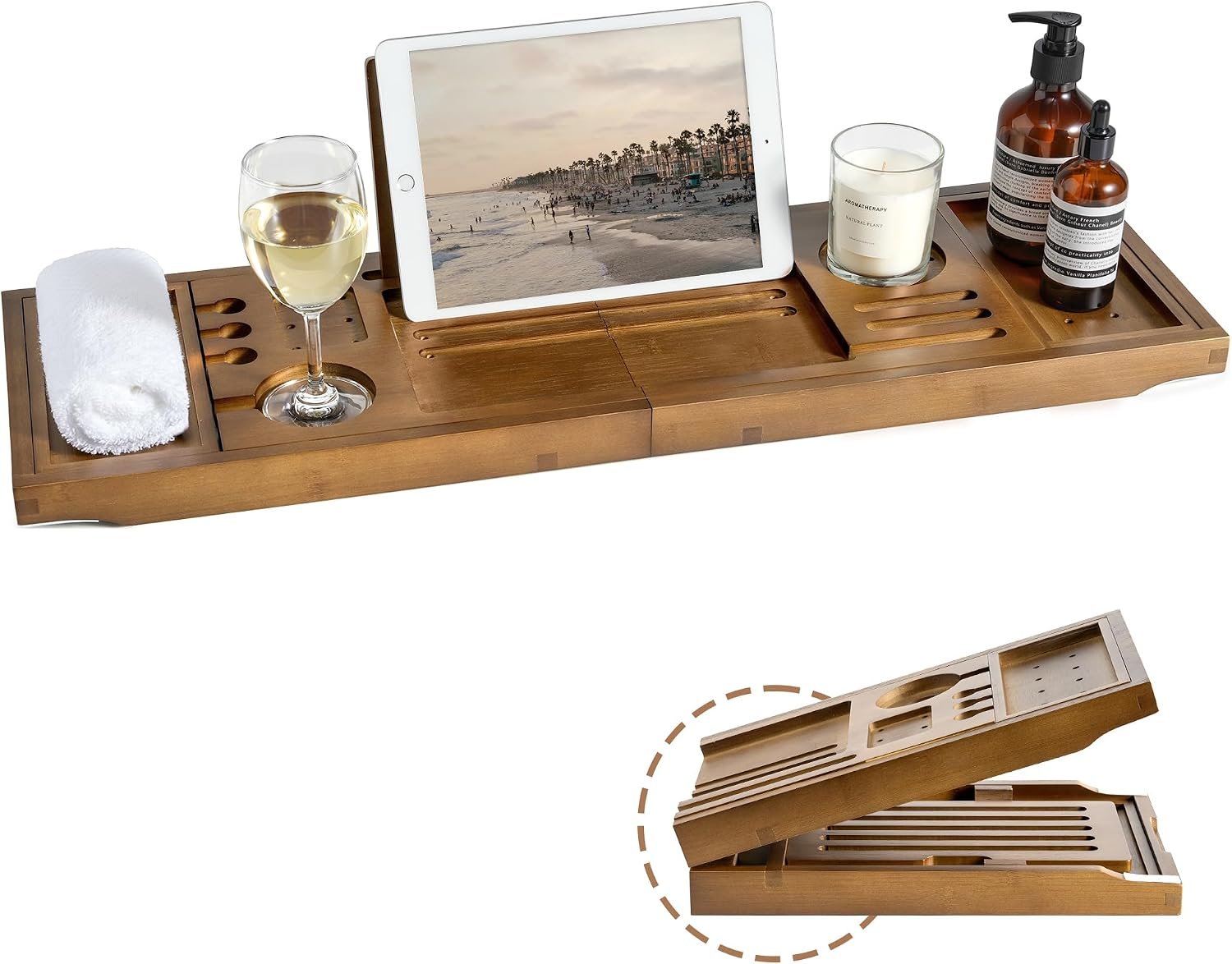 Bamboo Bathtub Tray Caddy, Adjustable Walnut Finish 28.5‑40″