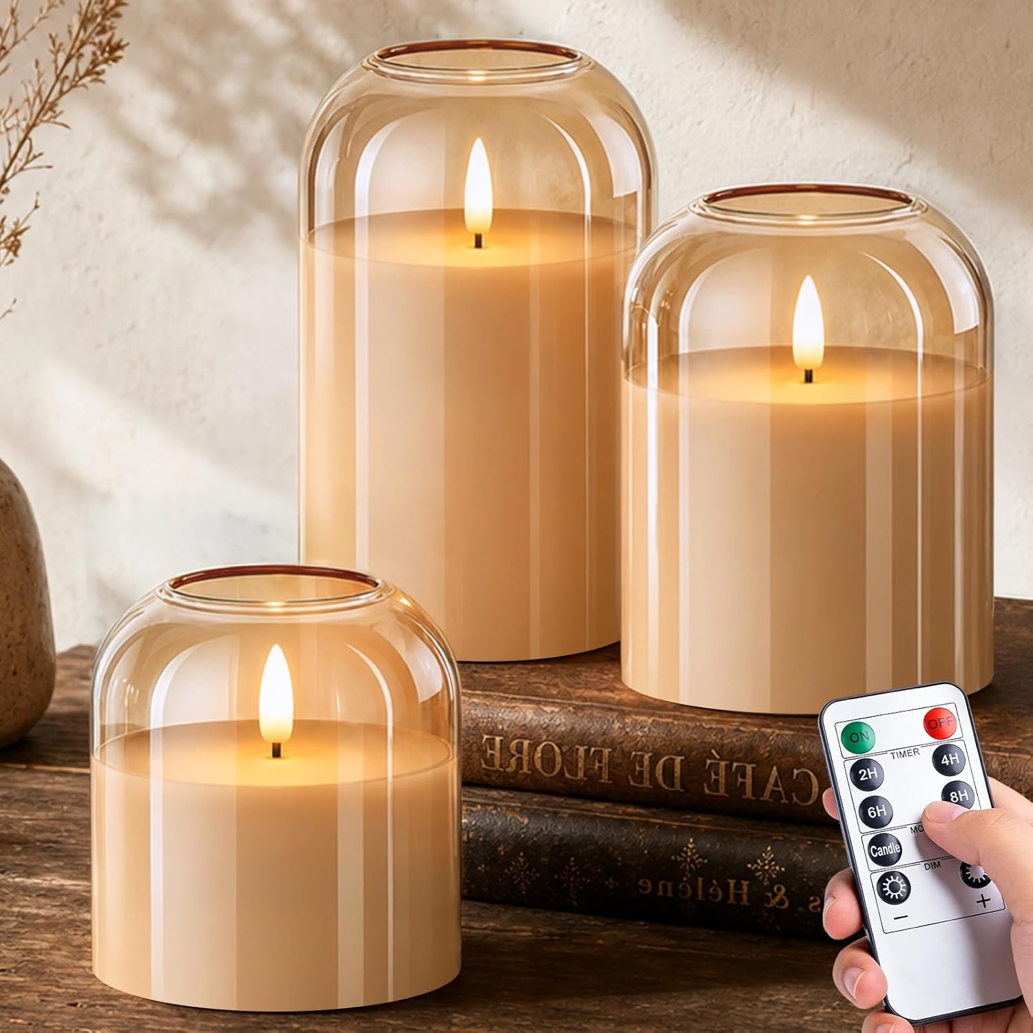 Fall Decorations for Home, Amber Glass Flameless Candles, LED Pillar Candle