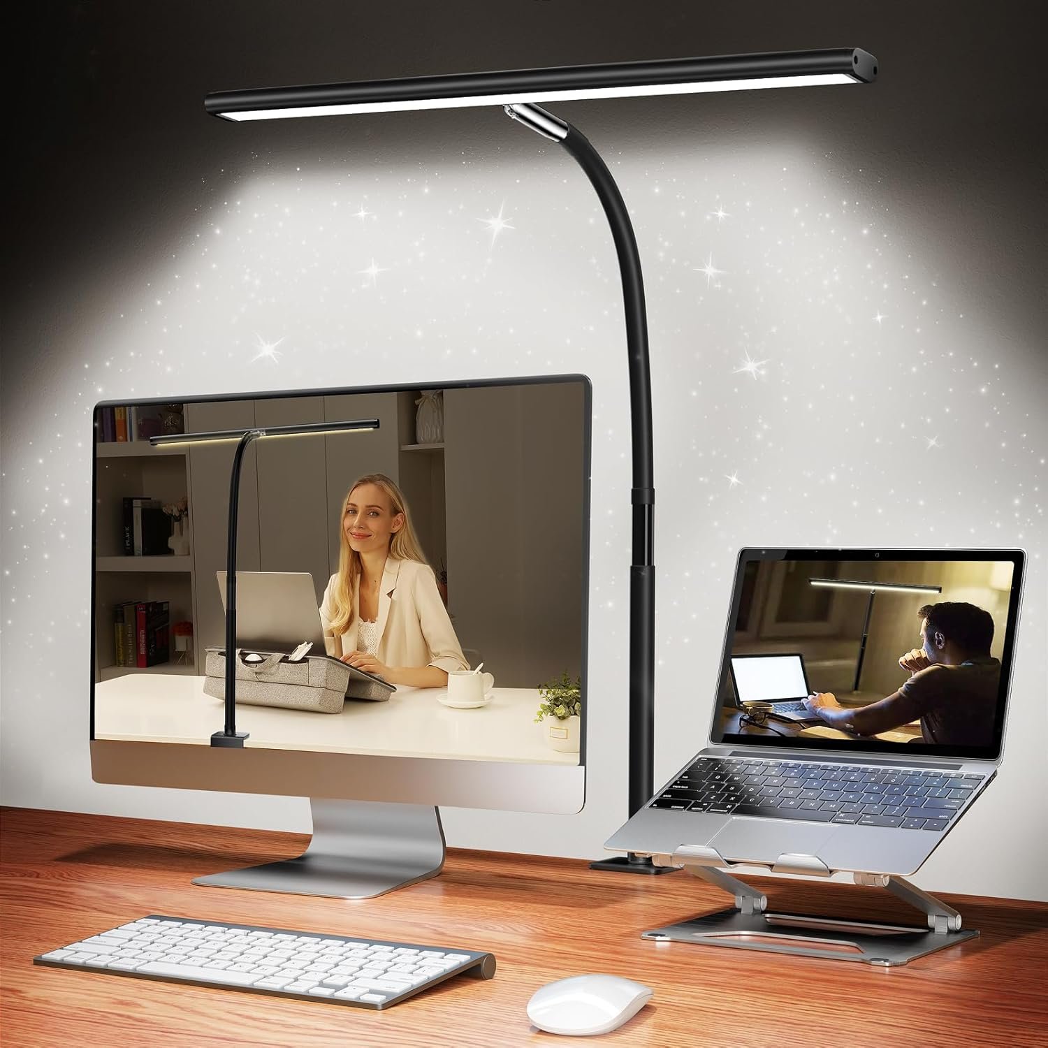 LED Desk Lamp with Clamp, 17″ Stepless Dimming Light, Black