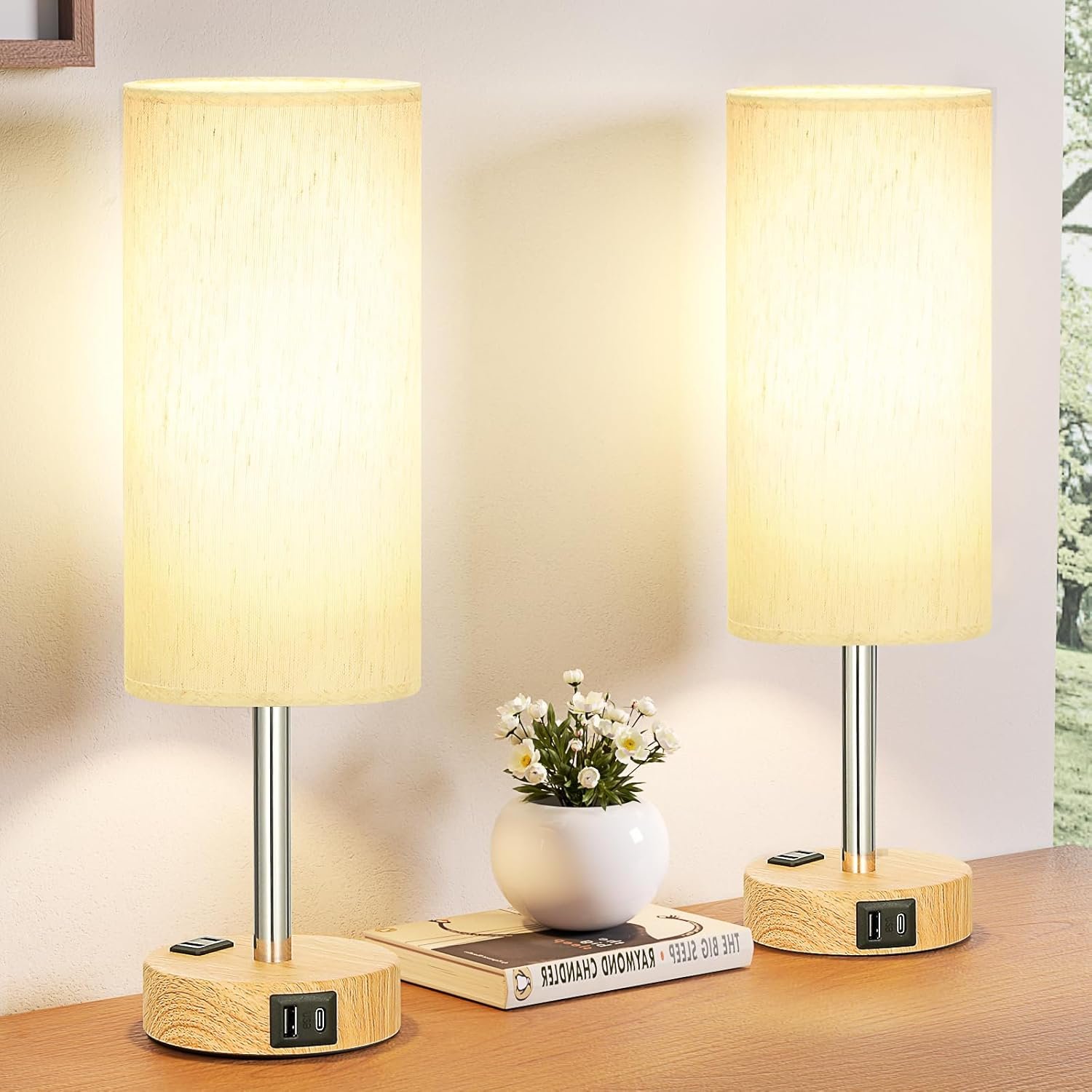 Bedside Table Lamp Set of 2 – Dimmable Touch, USB A+C, AC Outlet