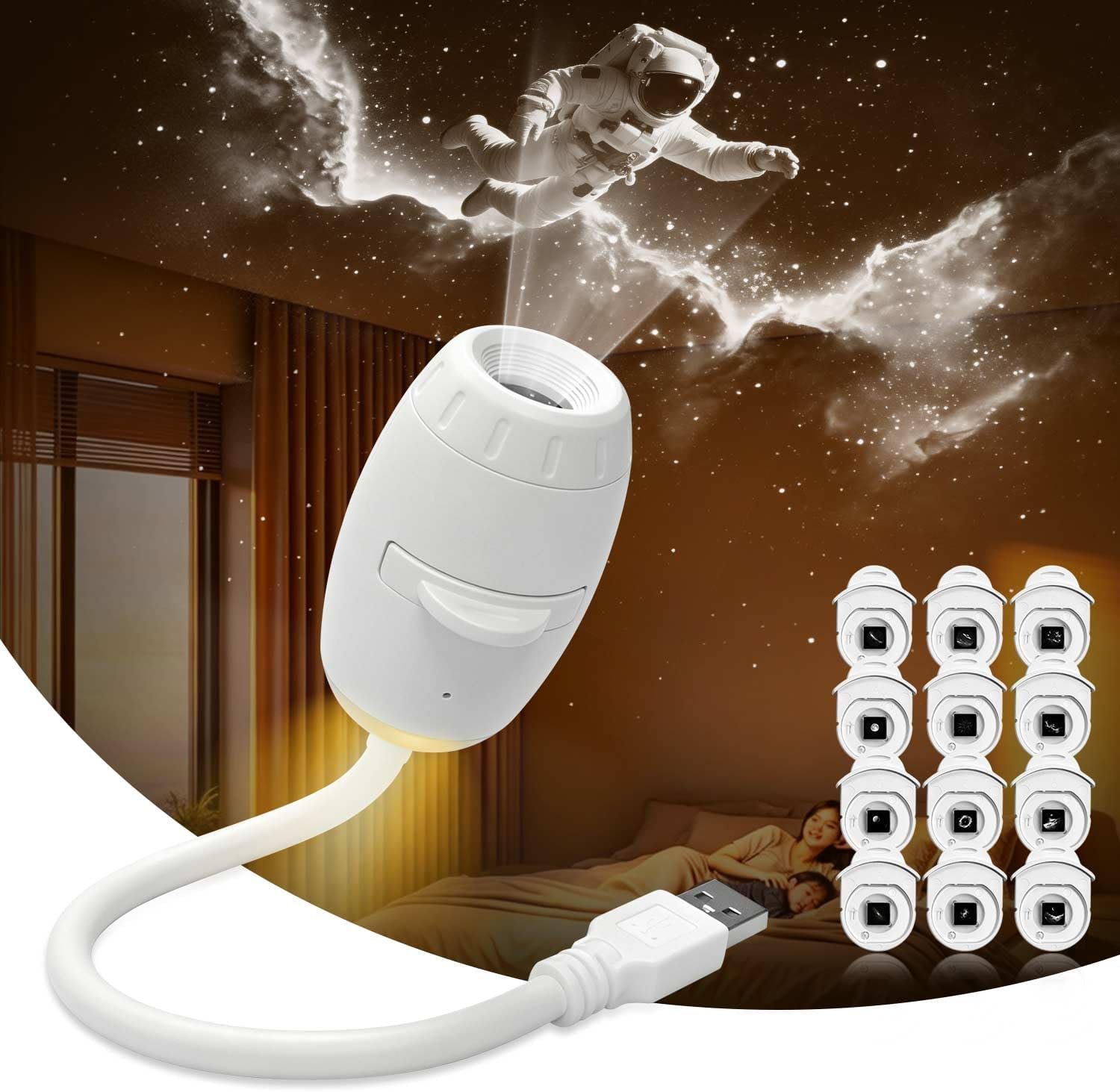 Galaxy Projector Night Light, 2-in-1 USB Star Lamp Kids Gift, 12 Films