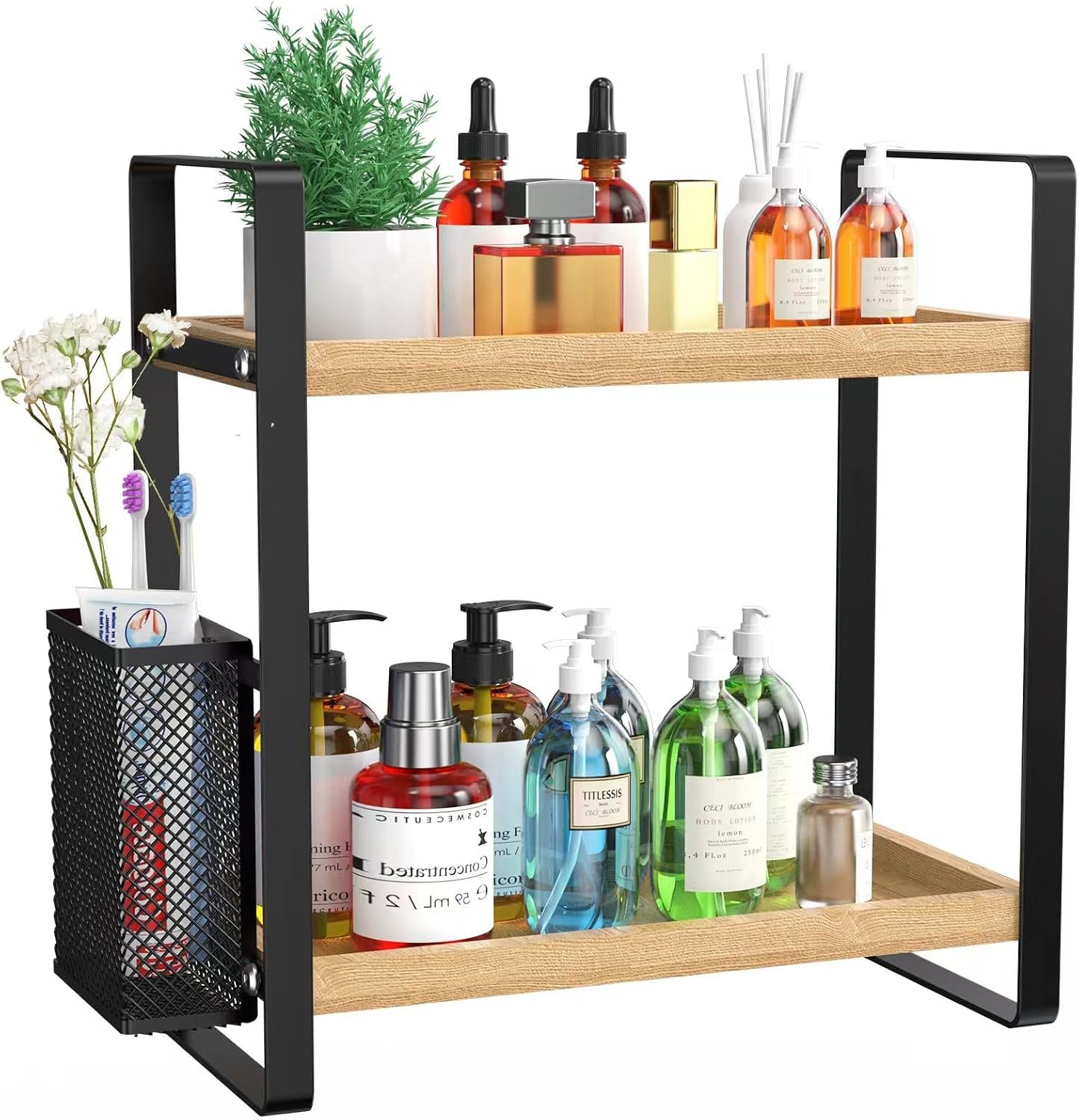 2-Tier Wood Corner Bathroom Counter Organizer with Basket,Waterproof Vanity Perfume Skincare Storage for Bathroom, Kitchen, Dresser