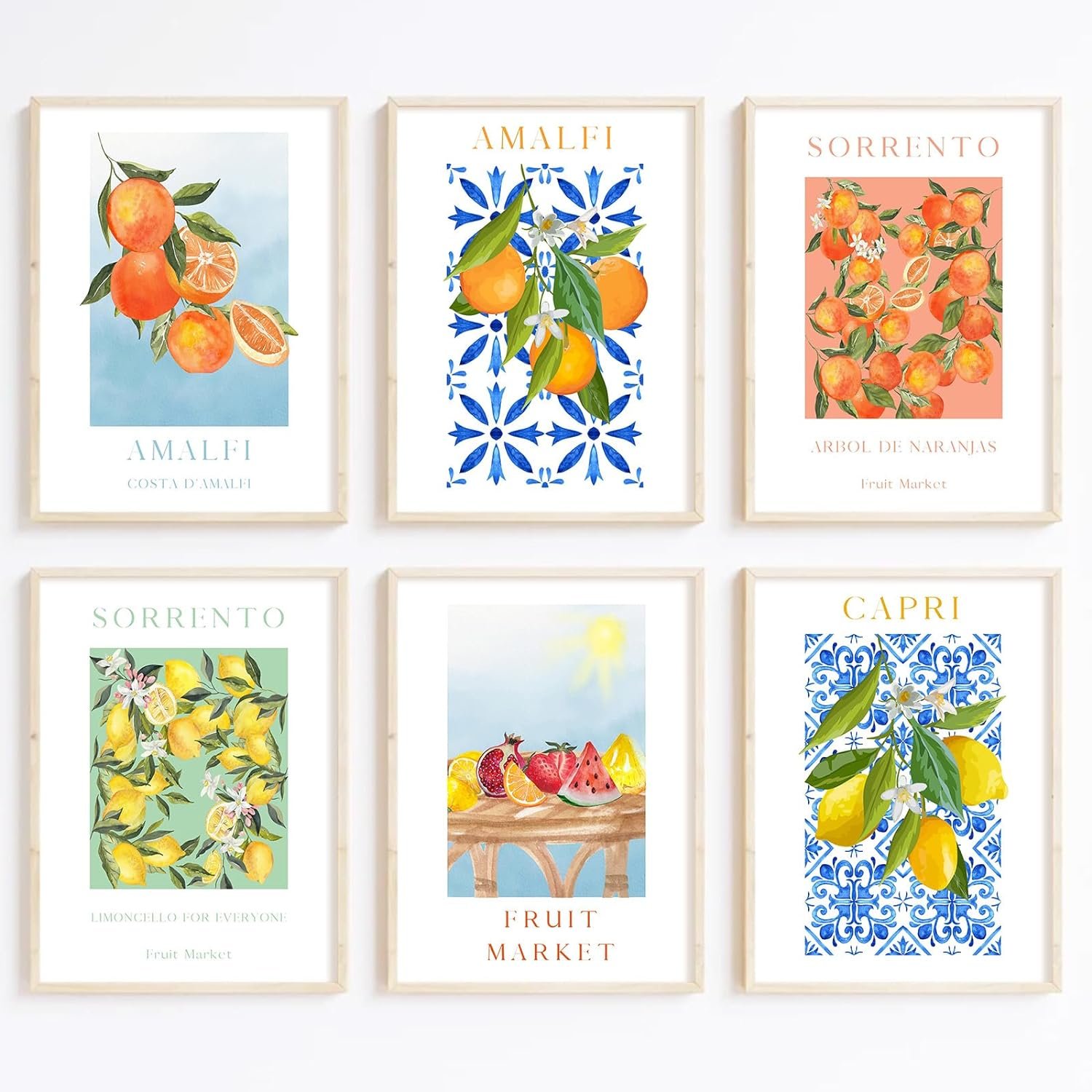 Fruit Wall Art Kitchen Artwork Wall Decor Fruit Market Prints Poster Colorful Lemon Canvas Wall Art Vintage Pictures Lemon Orange Prints Set of 6 for Room Bedroom 8×10 Inch Unframed